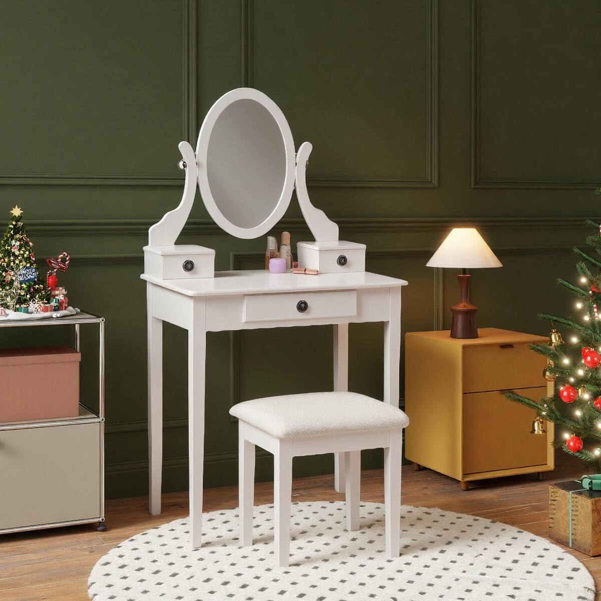 Loheer Wood Makeup Vanity Set with Adjustable Oval Mirror and Padded ...
