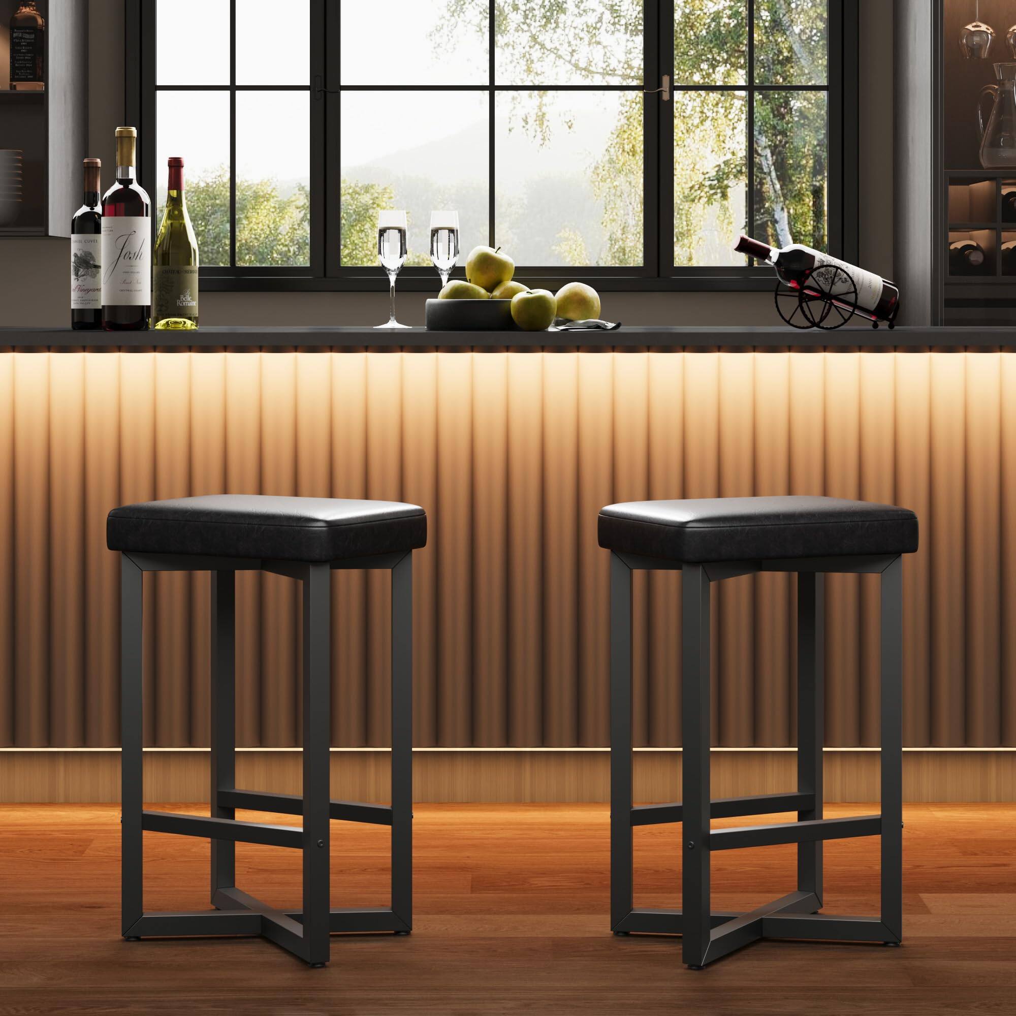 Back. Jojoka - 24.6" Counter Height Bar Stools Set of 2, PU Leather Upholstered Backless Barstools with Metal X-Frame - Black.