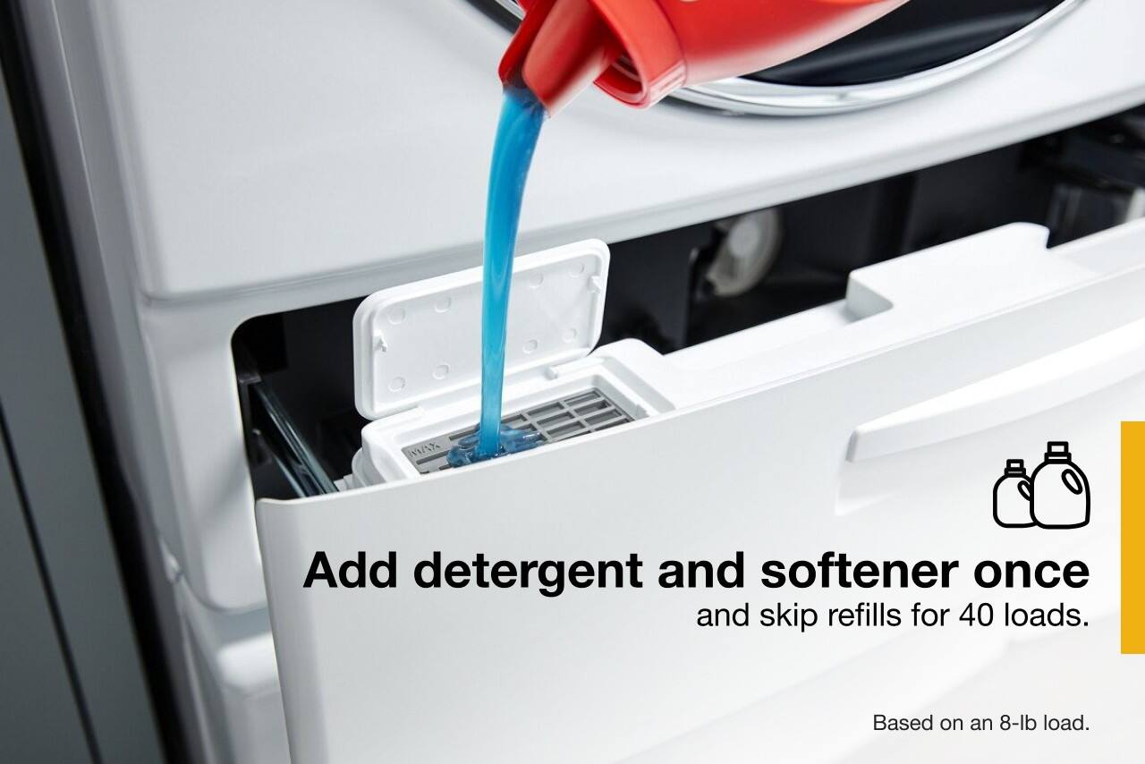 Add detergent and softener once and skip refills for 40 loads.  
Based on an 8-lb load.