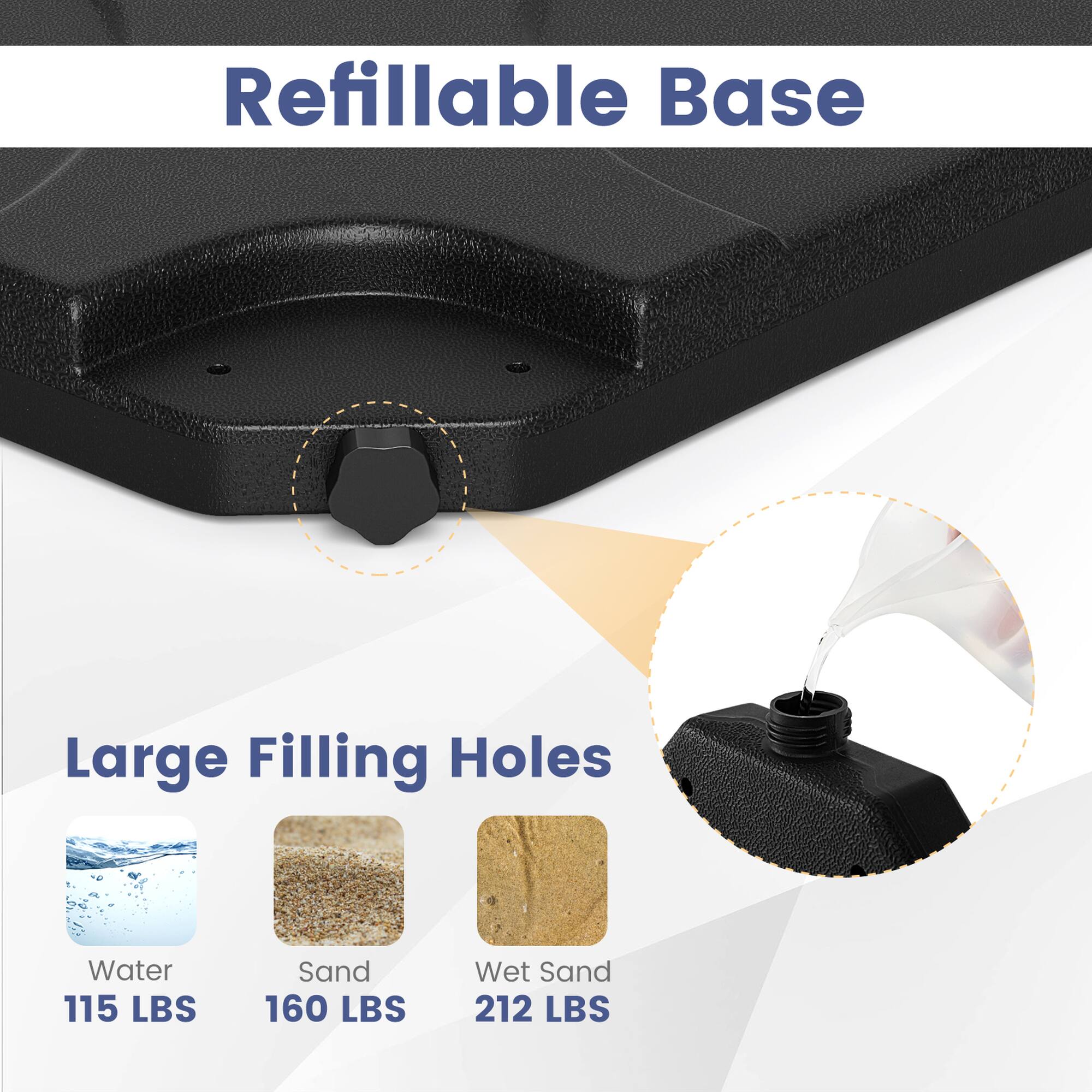 Refillable Base Large Filling Holes Water 115 LBS Sand 160 LBS Wet Sand 212 LBS