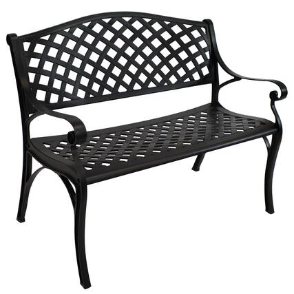 Front. Sunnydaze - 2-Person Checkered Cast Aluminum Outdoor Garden Bench - Black.