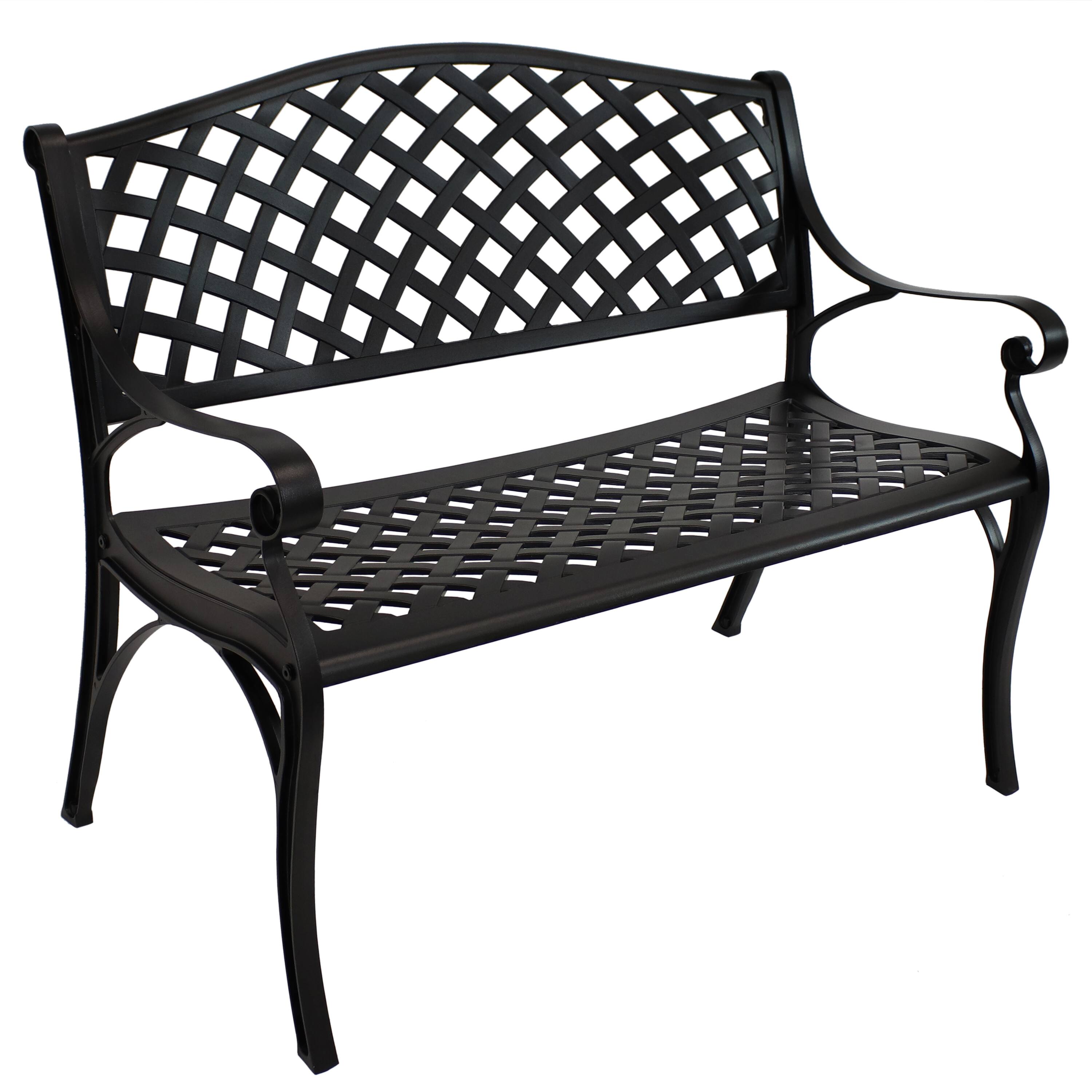 Front. Sunnydaze - 2-Person Checkered Cast Aluminum Outdoor Garden Bench - Black.