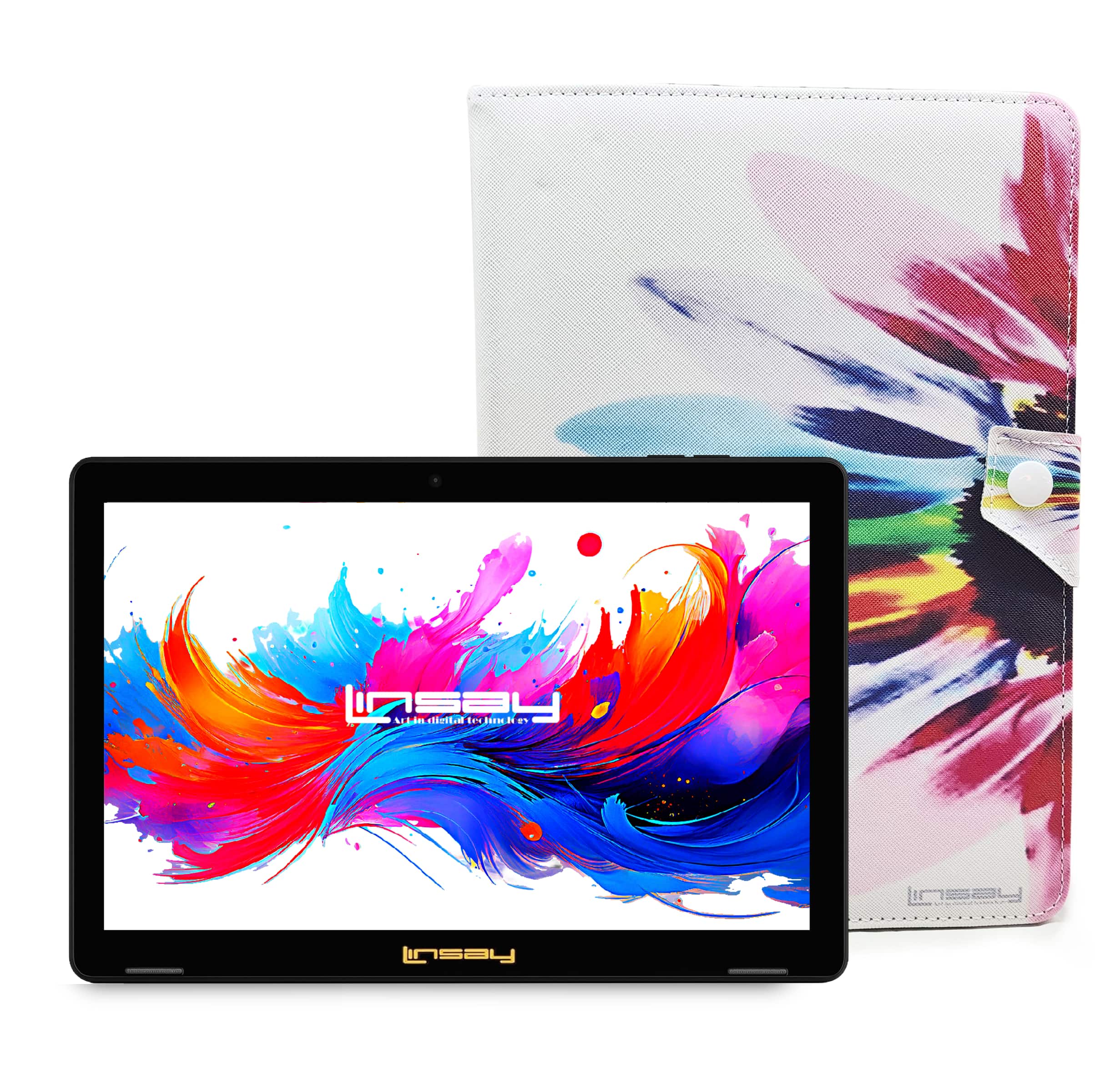 LINSAY - 10.1"Octa Core 256GB Storage Android 15 Tablet with Rainbow Marble Case - Yellow