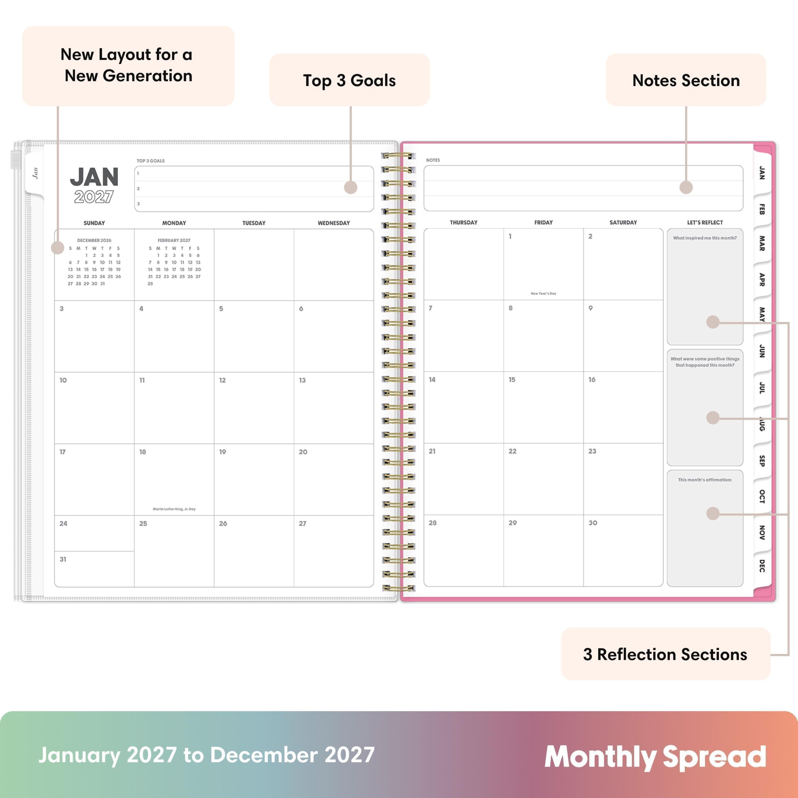 New Layout for a New Generation

Top 3 Goals

Notes Section

JAN 2027

SUNDAY DECENSED 2018 - I . 1 I 1 1 I 1 - I 4 - i - 0 :  4 a is 4 7 a N 20 7 12 D = a x 27 5 = a 10 D 24 31

PICCES / I MONDAY TEMPRESS 2027 1  1 1 I - R I - 5 4 1 I I C : u D 14 c 4 7  x o x II = a 1  # 21 4 T1 18 Worketaturing.e.dey 25

5 12 19 26

TUESDAY

WEDNESDAY 6 13 20 27

E

NOTES THURSDAY 1 14 21 23

- 8 15 22 29

FRIDAY

1 9 16 23 30

SAT
