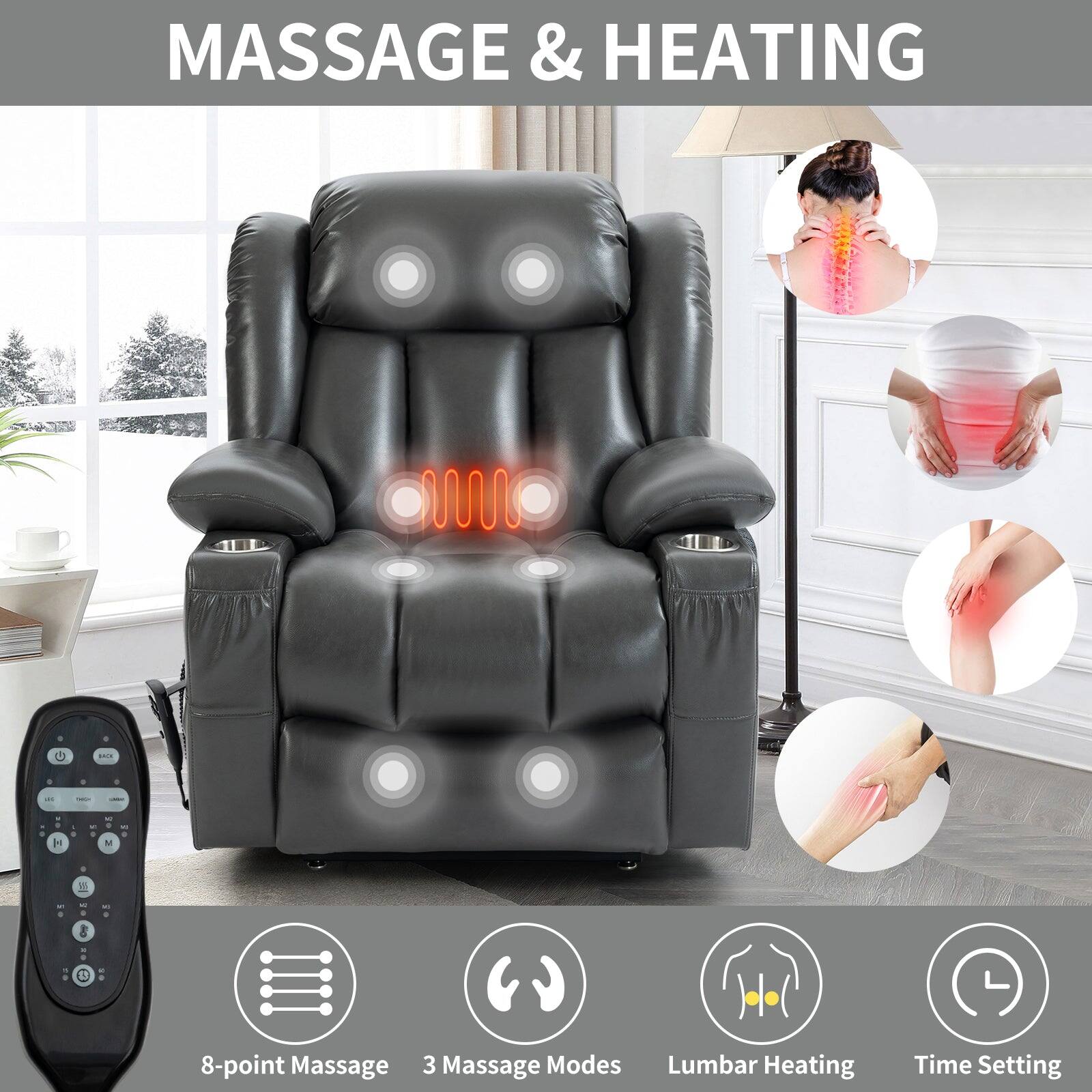 MASSAGE & HEATING

8-point Massage  
3 Massage Modes  
Lumbar Heating  
Time Setting