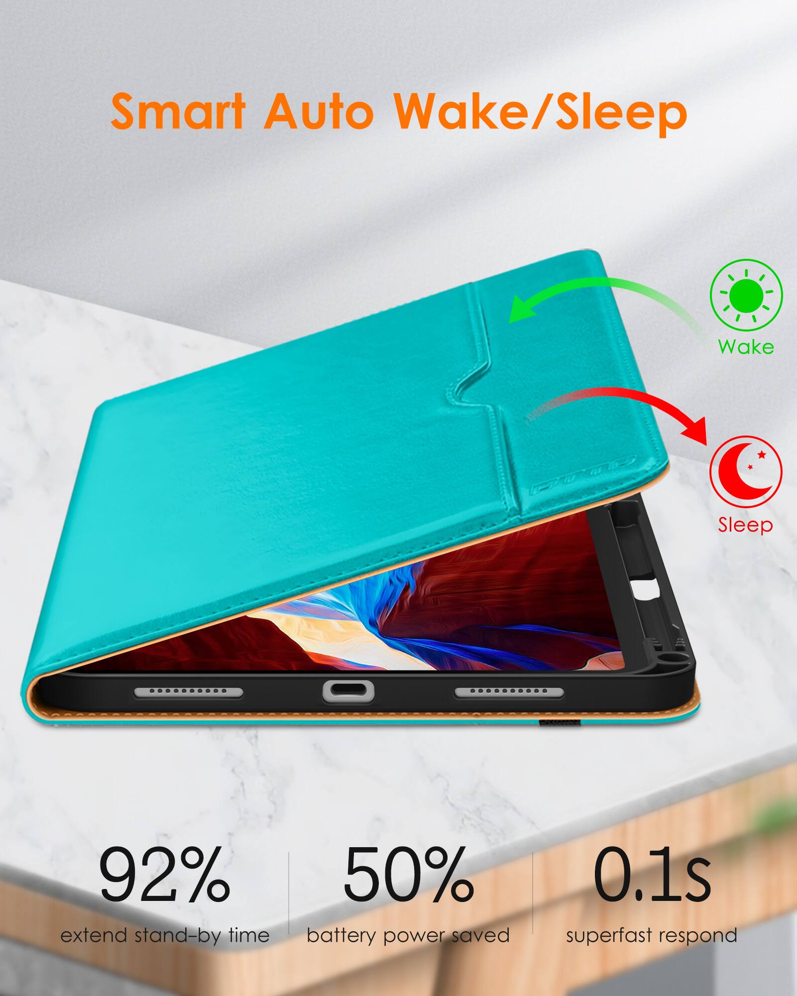 Smart Auto Wake/Sleep

- 92% extend stand-by time
- 50% battery power saved
- 0.1s superfast respond

Wake
Sleep