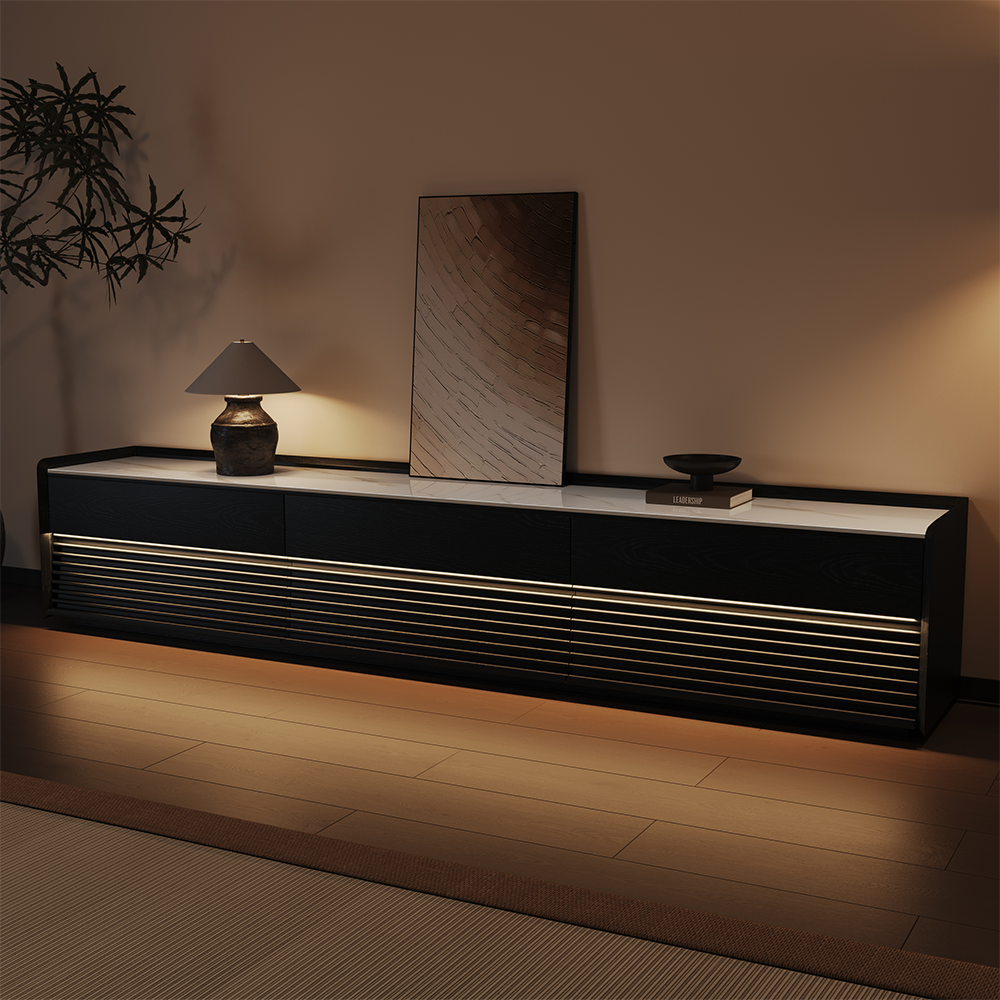 Angle. POVISON - 95" Fully-Assembled Mid-Century Matte Sintered Stone Tabletop TV Stand, Black Color Cabinet with Adjustable Light - Glossy White & Black.