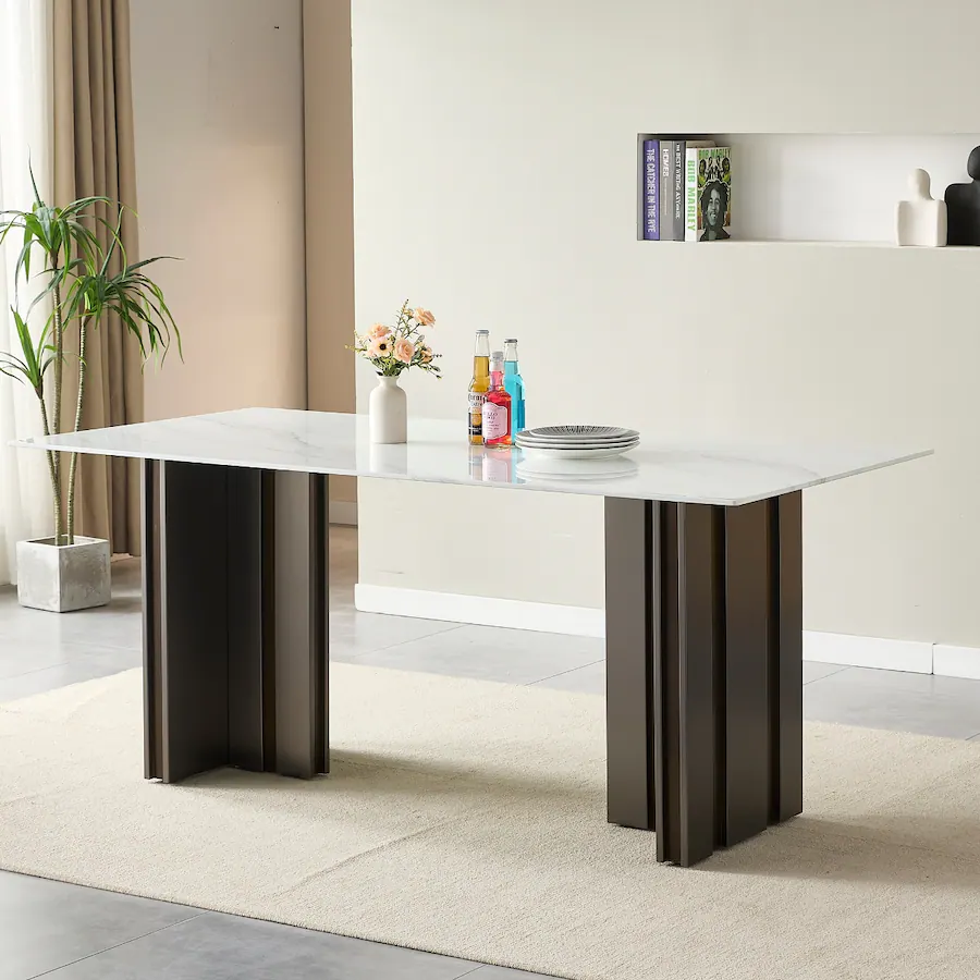 Refined Rye Loheer Rectangular Dining Table, White Marble Look Tempered Glass ...