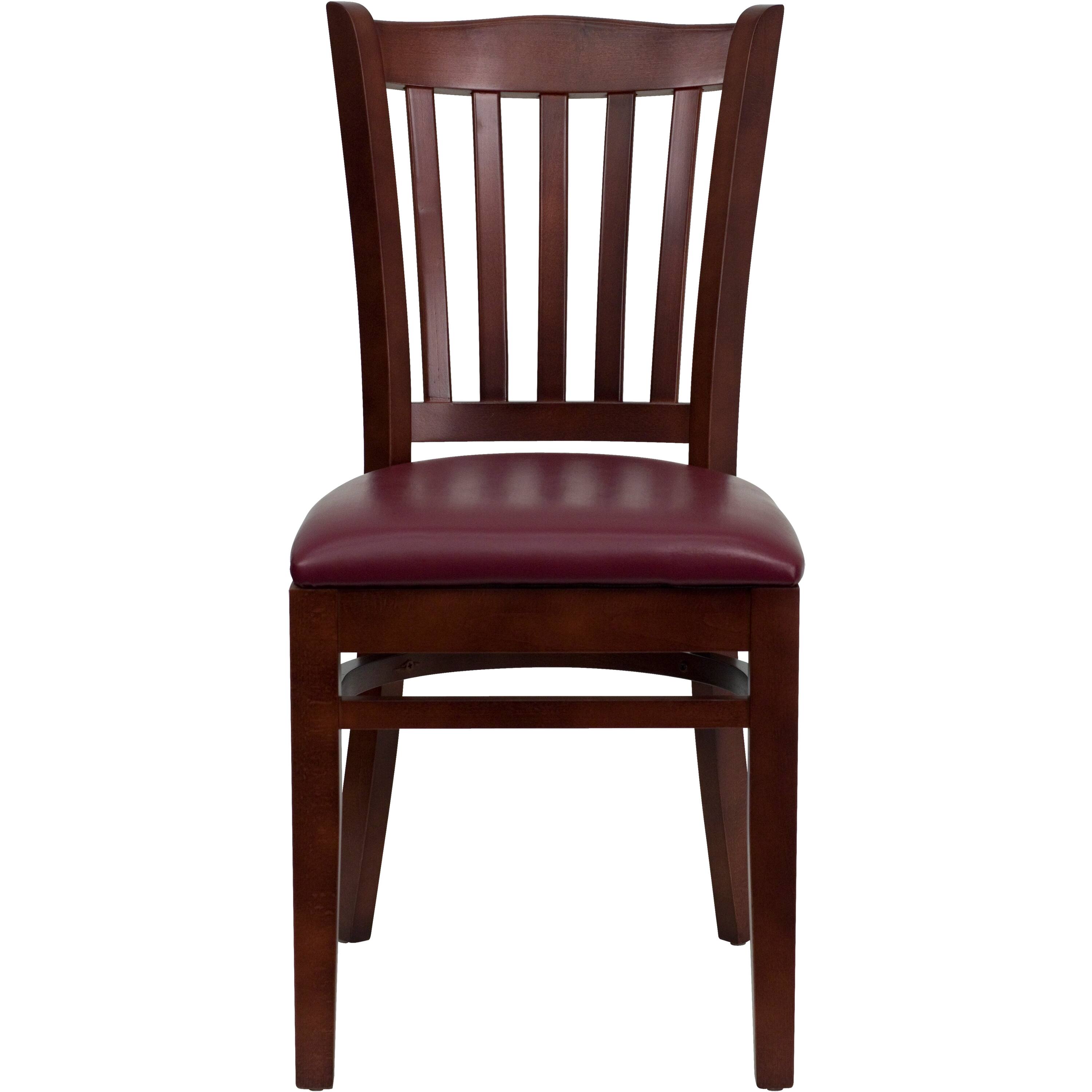 Alt View 5. Emma + Oliver - Vertical Slat Back Wooden Restaurant Dining Chair - Burgundy Vinyl Seat/Mahogany Wood Frame.