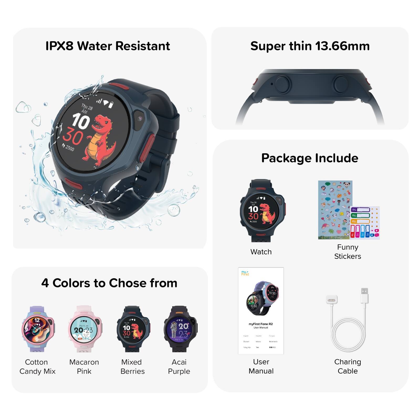 IPX8 Water Resistant

Super thin 13.66mm

Package Include

4 Colors to Choose from
- Cotton Candy Mix
- Macaron Pink
- Mixed Berries
- Acai Purple

Funny Stickers

User Manual

Charging Cable