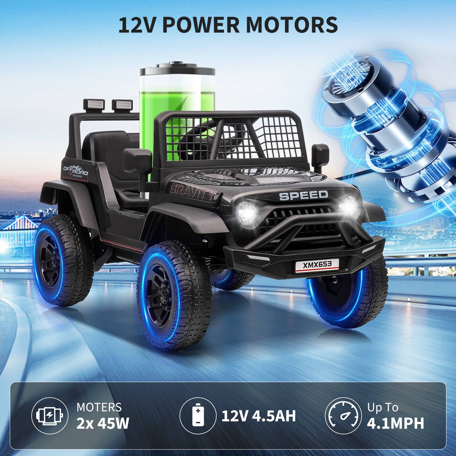 12V POWER MOTORS

GRAVITY SPEED XMX653

MOTORS
2x 45W

12V 4.5AH

Up To 4.1MPH