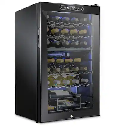 Front. Schmecke - 33 Bottle Freestanding Wine Refrigerator, Dual Zone Wine Fridge with Lock, Black - Black.