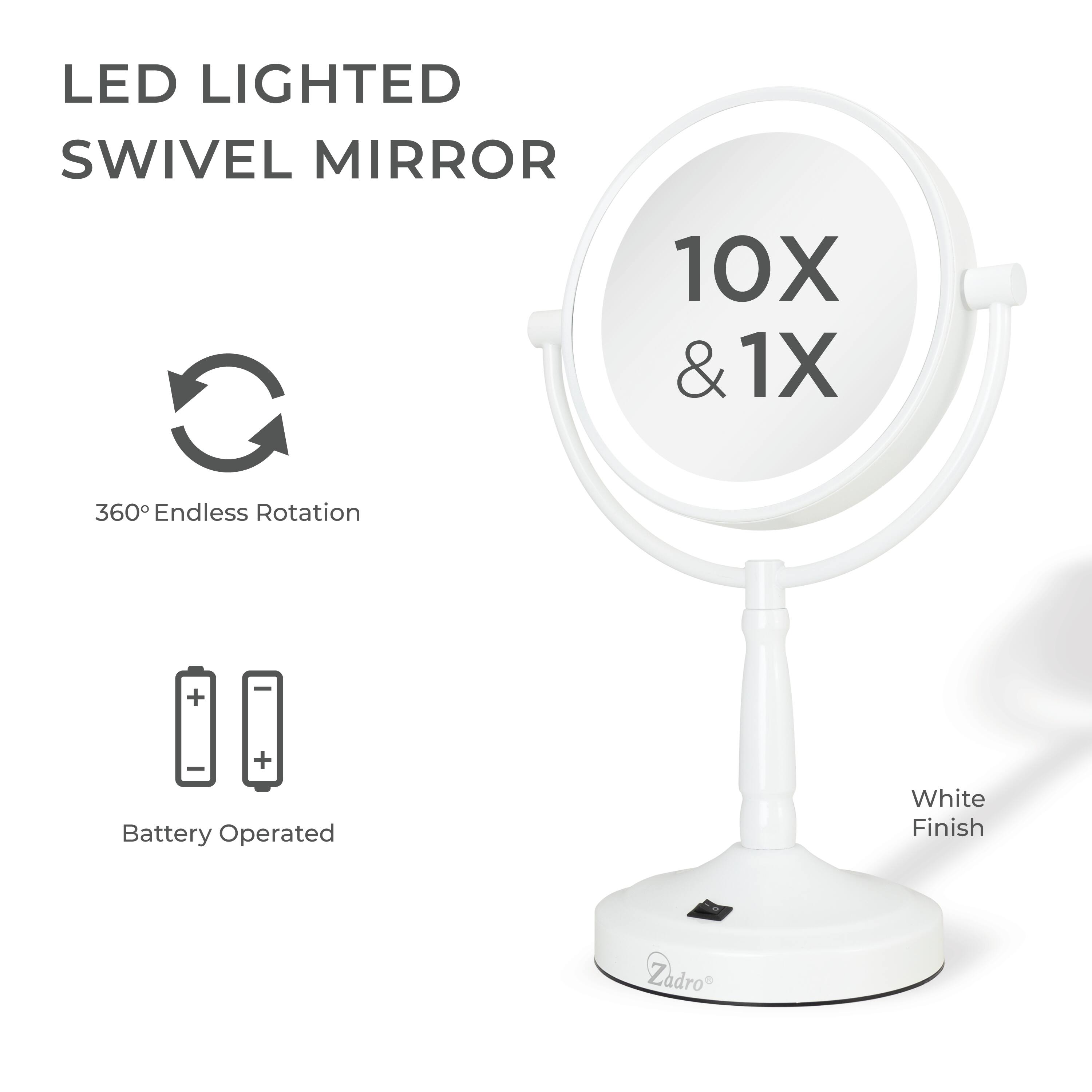 LED LIGHTED SWIVEL MIRROR

10X & 1X

360° Endless Rotation

Battery Operated

White Finish

Zadro
