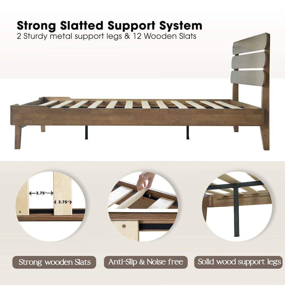 Strong Slatted Support System  
2 Sturdy metal support legs & 12 Wooden Slats  
3.75" x 2.75"  
Strong wooden Slats  
Anti-Slip & Noise free  
Solid wood support legs