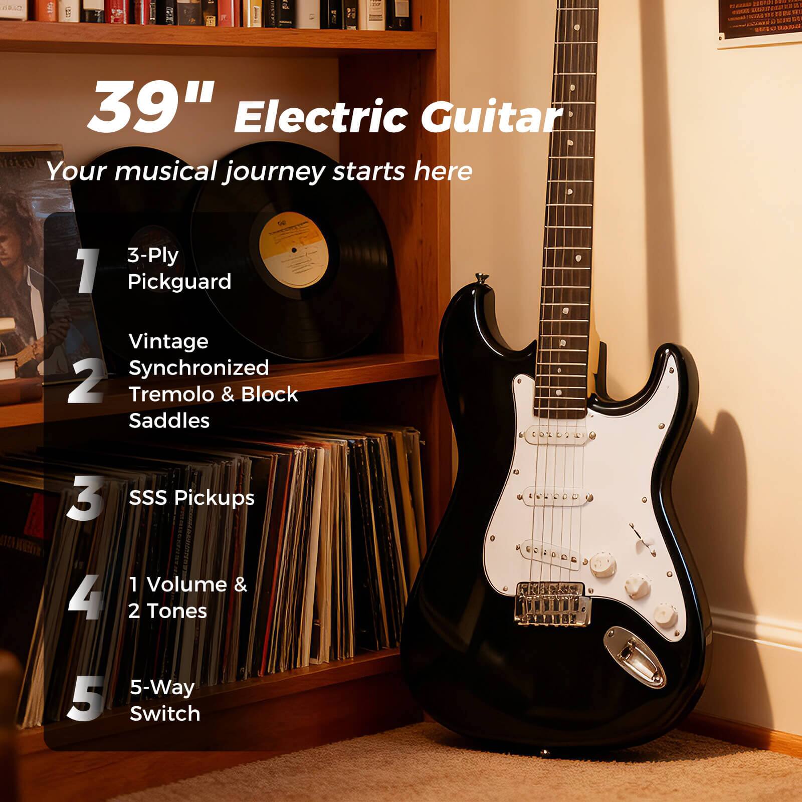 39" Electric Guitar  
Your musical journey starts here  

1. 3-Ply Pickguard  
2. Vintage Synchronized Tremolo & Block Saddles  
3. SSS Pickups  
4. 1 Volume & 2 Tones  
5. 5-Way Switch