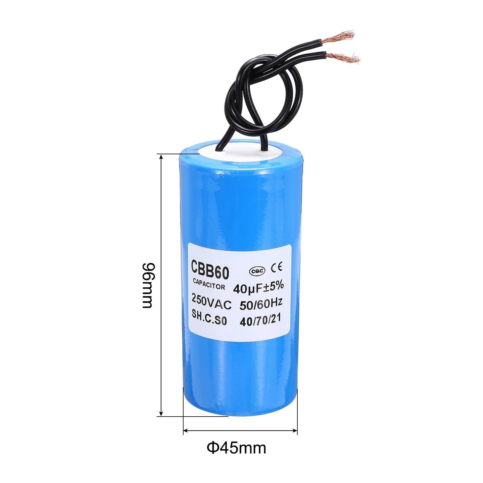 96mm CBB60 Capacitor 40µF±5% 250VAC 50/60Hz SH.C.SO 40/70/21 45mm