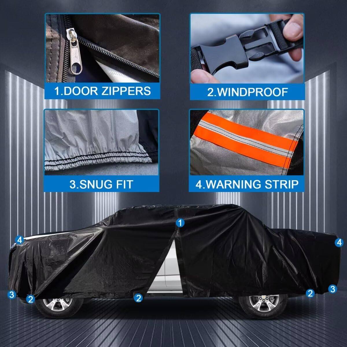 1. DOOR ZIPPERS  
2. WINDPROOF  
3. SNUG FIT  
4. WARNING STRIP