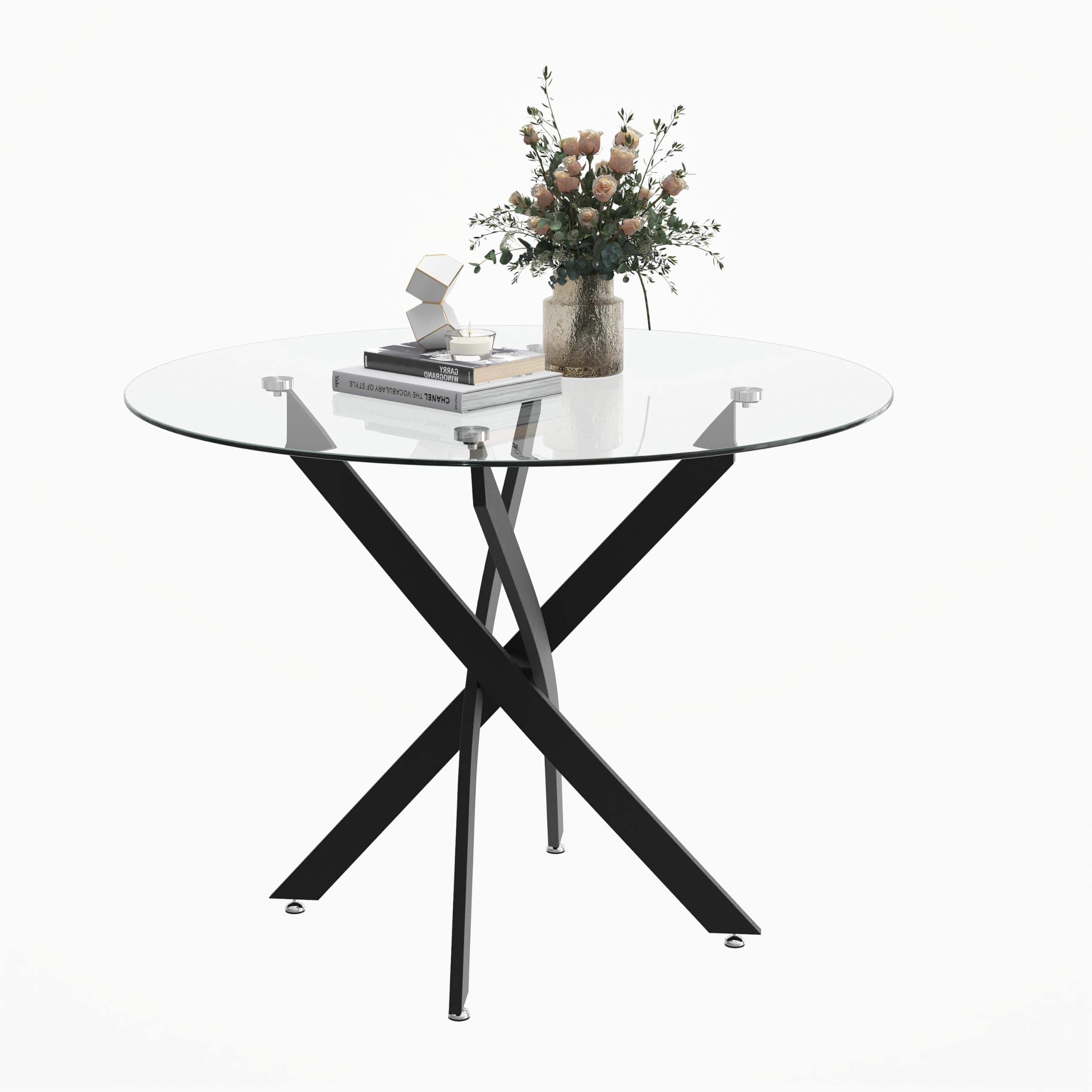 MAGICAL RUBS - Round Glass Dining Table With Crossed Metal 31.5" Modern Kitchen For Room Black - Black 31.5" x 31.5" x 29.5"