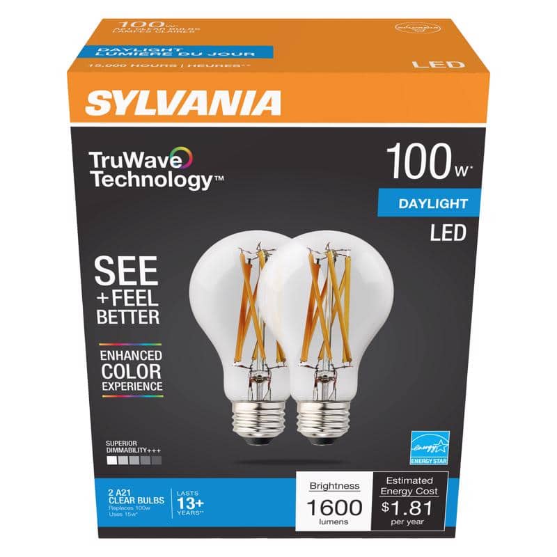 Sylvania - TruWave A21 E26 (Medium) Clear LED Bulb Daylight 100 Watt Equivalence 2 pk