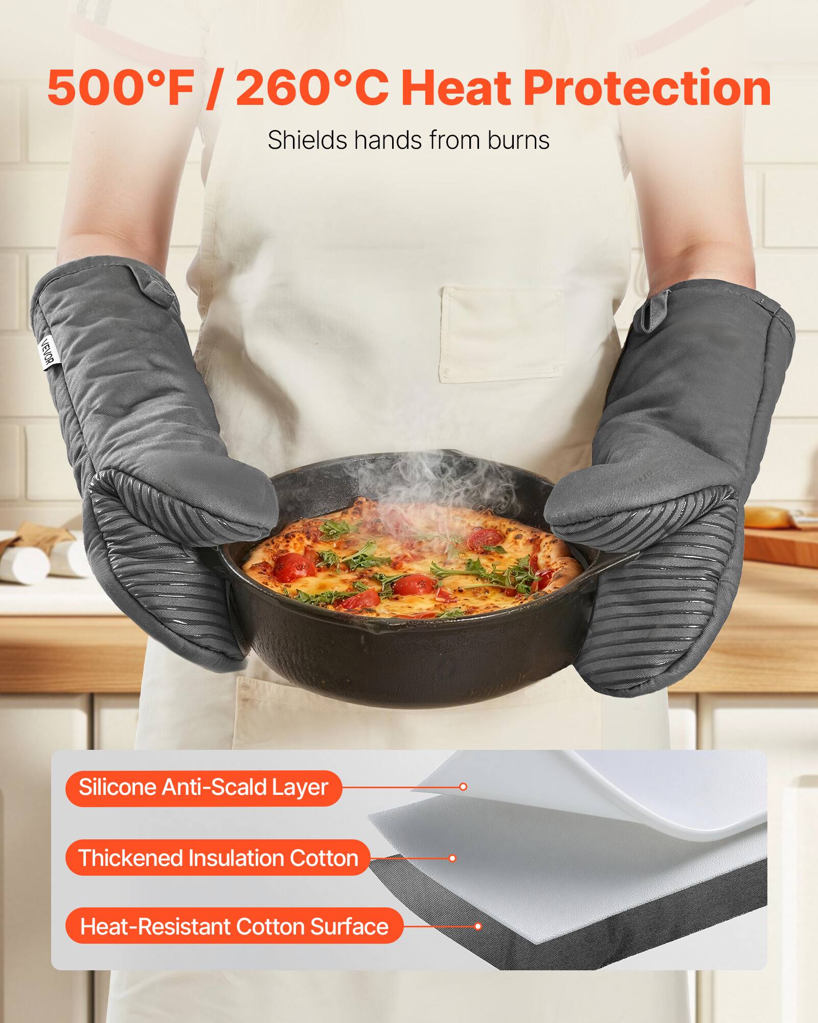 500°F / 260°C Heat Protection  
Shields hands from burns  

Silicone Anti-Scald Layer  
Thickened Insulation Cotton  
Heat-Resistant Cotton Surface
