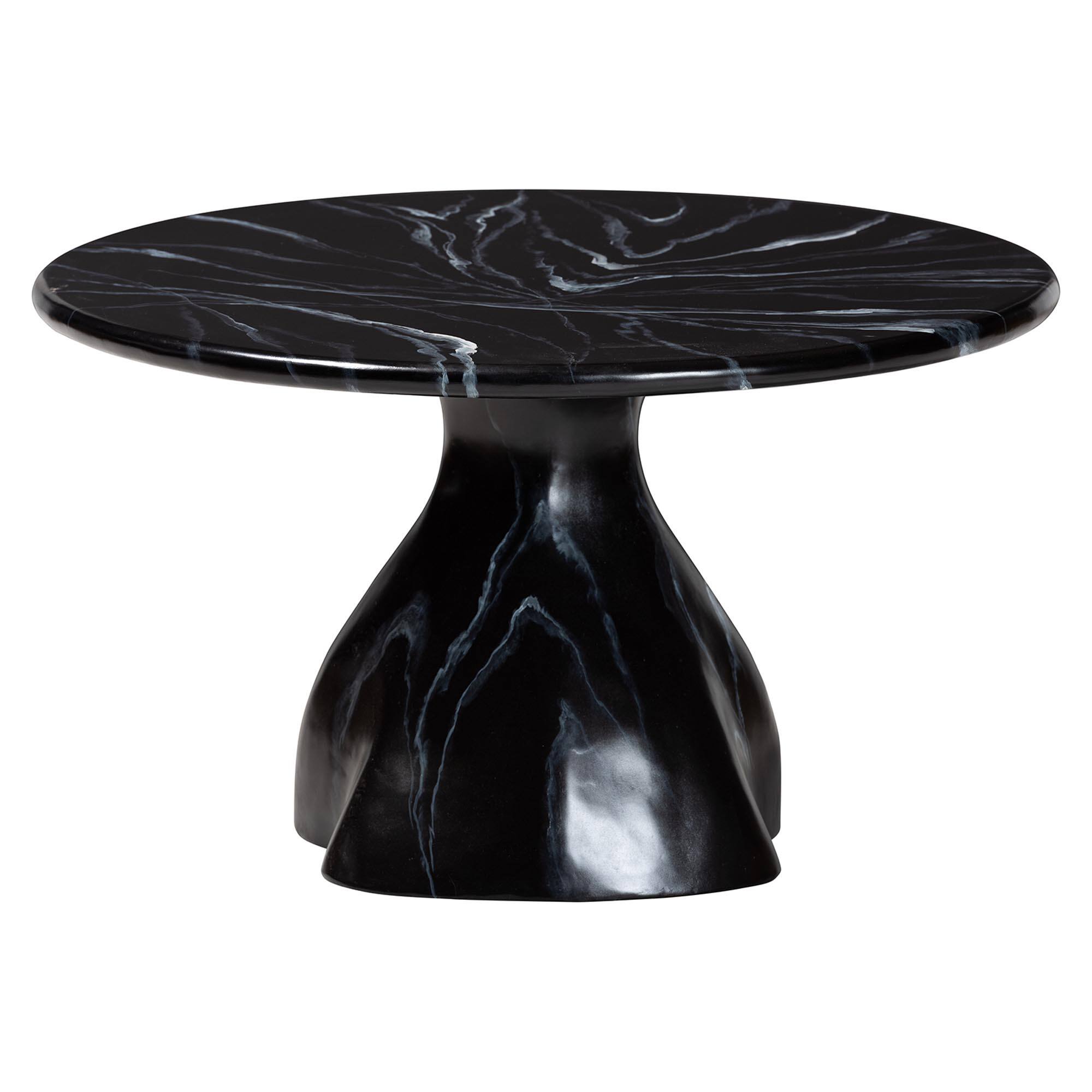 Angle. bali & pari - Aponi Marbled Resin Coffee Table - Sculptural Center Table with Round Top and Pedestal Base, Black - Black.