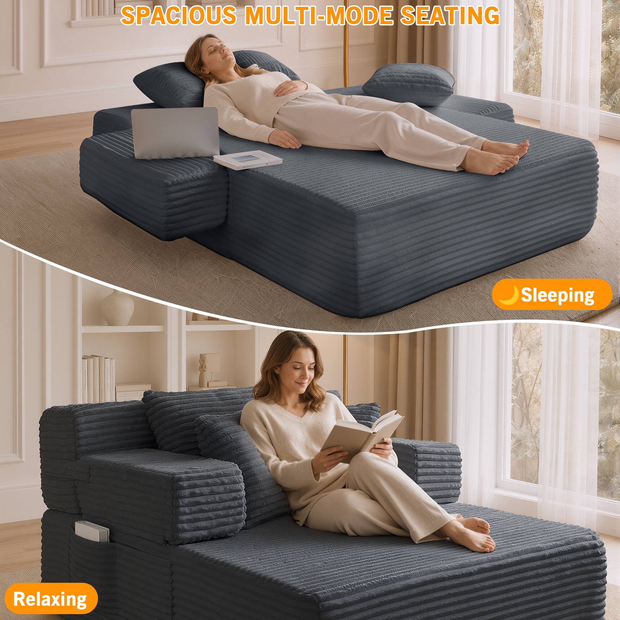 SPACIOUS MULTI-MODE SEATING

Sleeping

Relaxing
