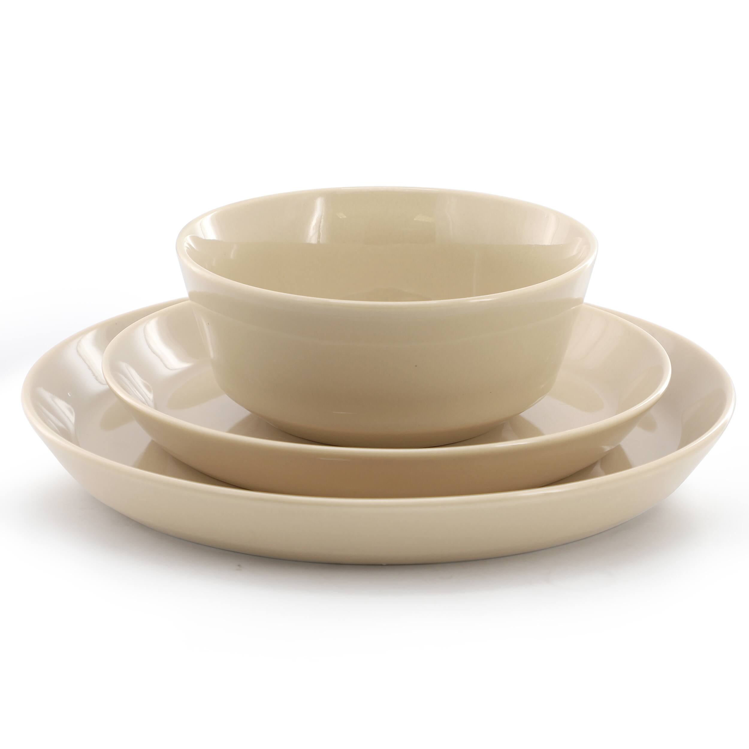 Angle. Gibson - Gibson Elite Sunlit Mist 12 Piece Round Stoneware Dinnerware Set in Cream - Cream.