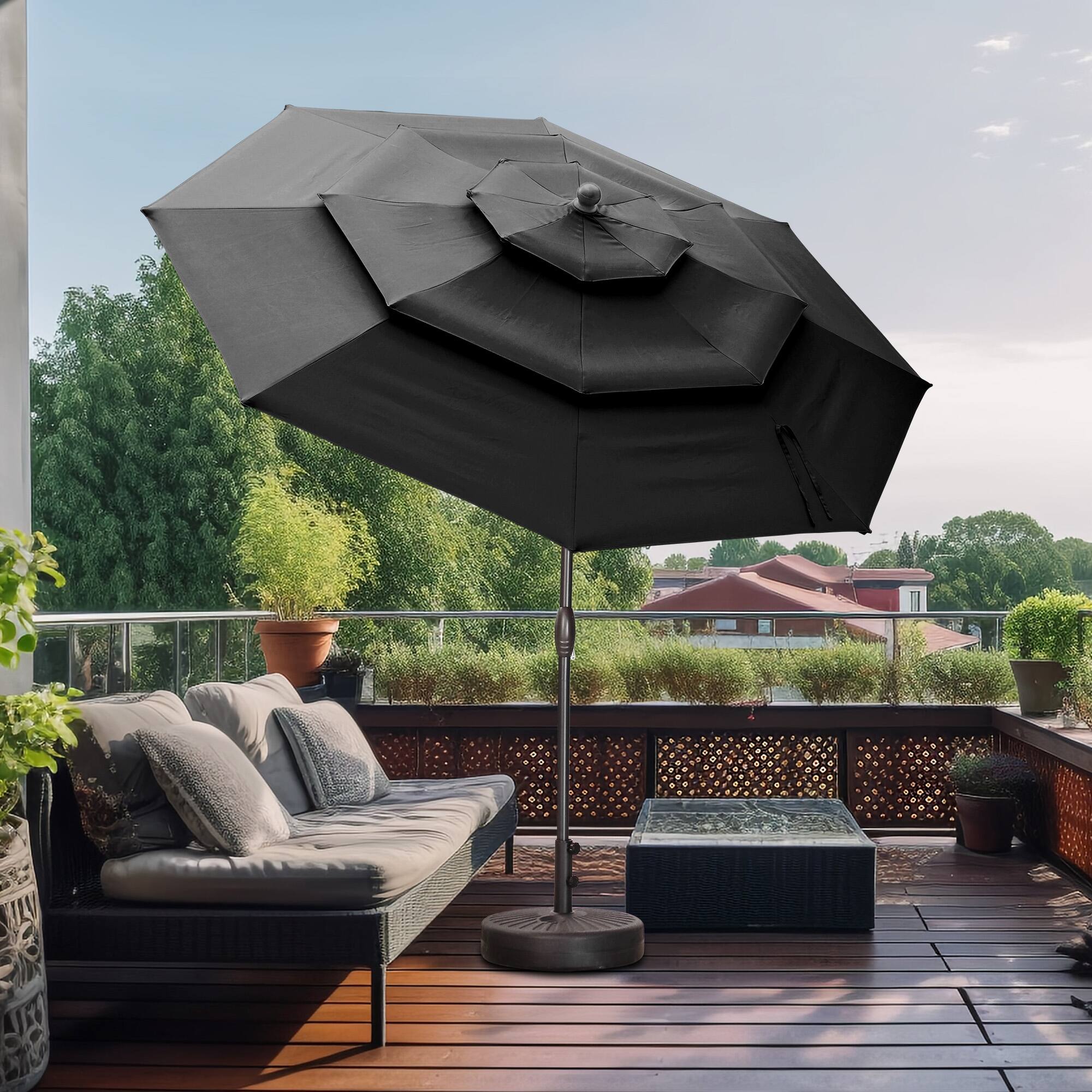 Angle. Ainfox - Ainfox 10 FT Outdoor Patio Umbrella with Base 3 Tiers Adjustable Umbrella with Crank & Tilt for Patio Backyard Poolside - Black.