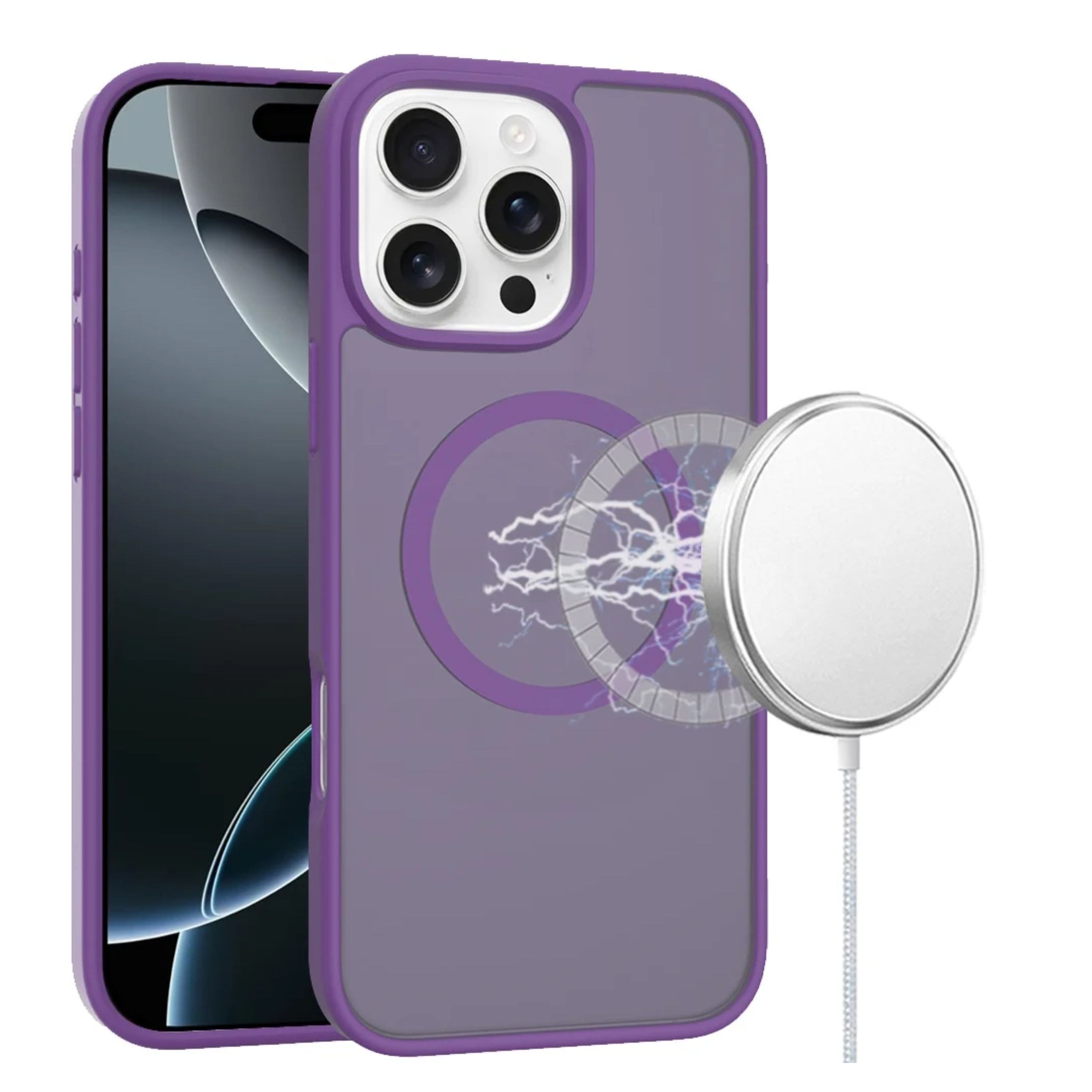 Kitcheniva - Soft Translucent Magnetic Circle Phone Case With Tempered Glass For iPhone 16 Pro - Dark Purple