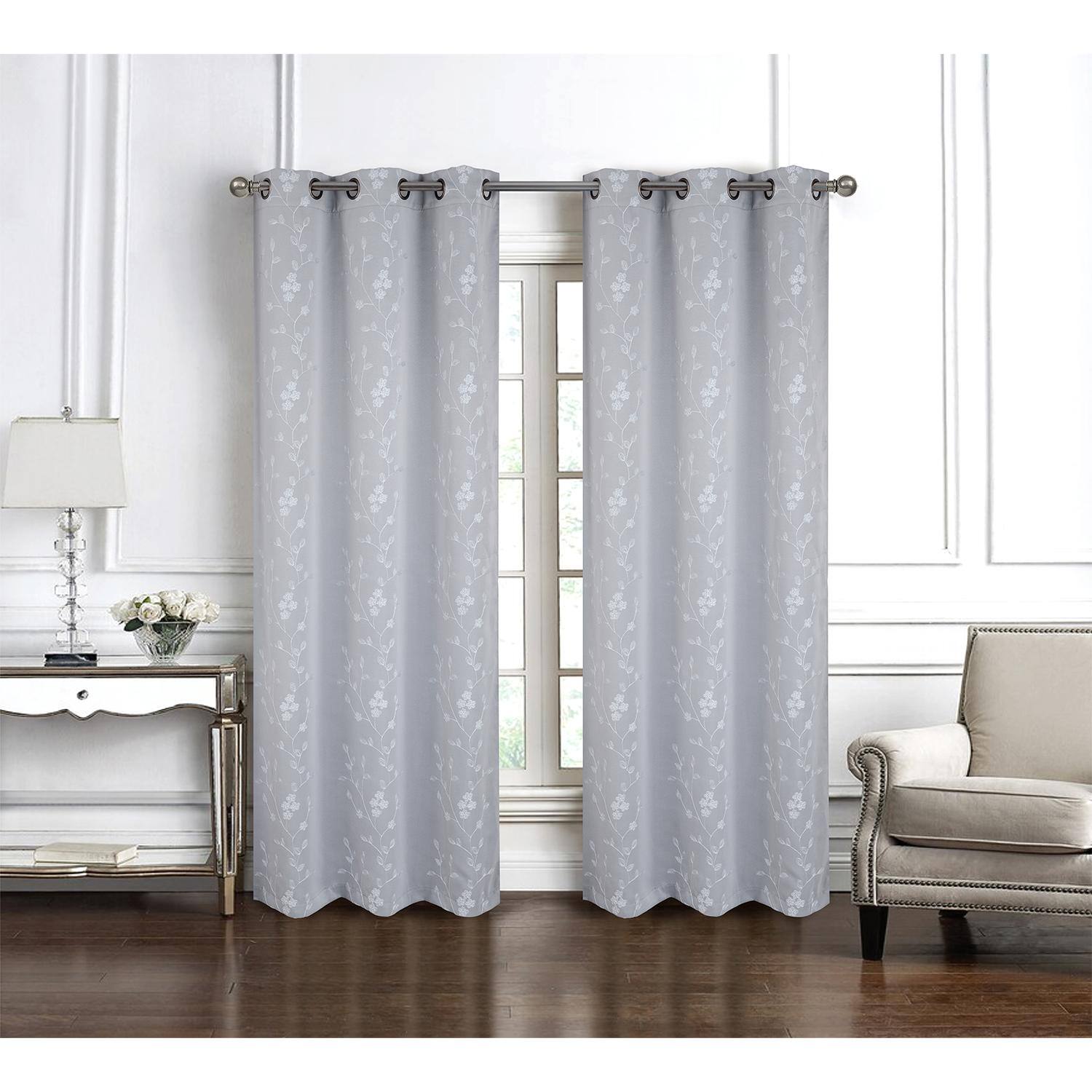 Angle. RT Designers Collection - RT Designer Collection Lilian Embroidered Blackout Luxurious Decorative Grommet Curtain Panel 54" x 84" Silver - Silver.