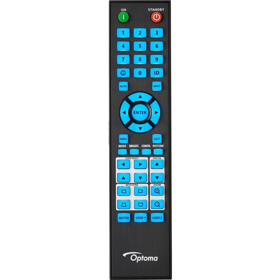 ON I STANDBY 1 2 3 4 5 6 7 8 9 0 ID AUTO INPUT ENTER MENU EXIT MODE BRIGHT. CONTR. PATTERN LENS SHIFT FOCUS ZOOM SHUTTER USER 1 USER 2 Optoma
