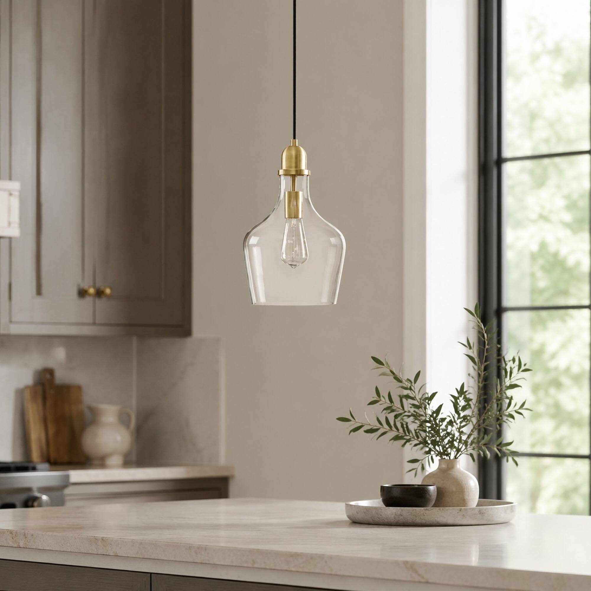 Back. RYHNUYNE - Industrial Bottle-Shaped Clear Glass Pendant Light, Gold Hanging Ceiling Light for Kitchen Island Dining Room Entryway - Gold.