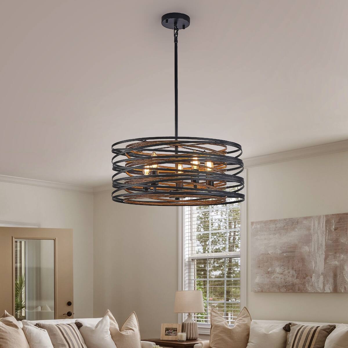 Angle. Loheer - Loheer 20 Inch 5 Light Metal Cage Chandelier, Black and Walnut Wood Accents.