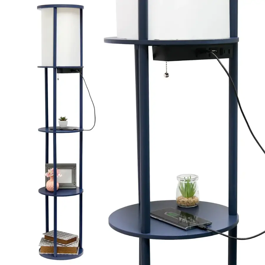 Alt View 17. Simple Designs - Round Etagere Storage Floor Lamp with 2 USB, 1 Outlet - Navy.
