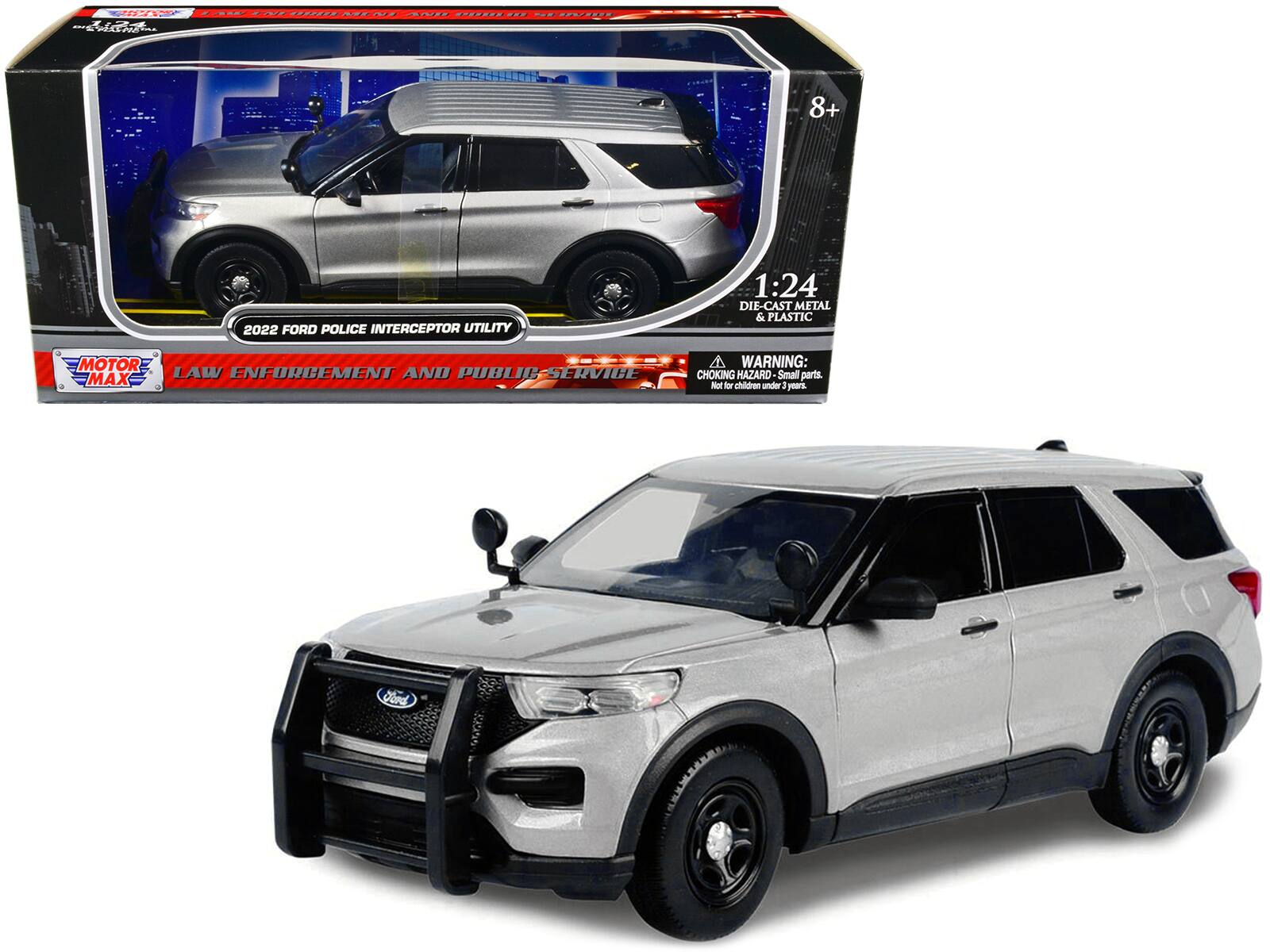2022 Ford Police Interceptor Utility Unmarked Slick-Top 1/24 Diecast Model Car by Motormax - Silver
