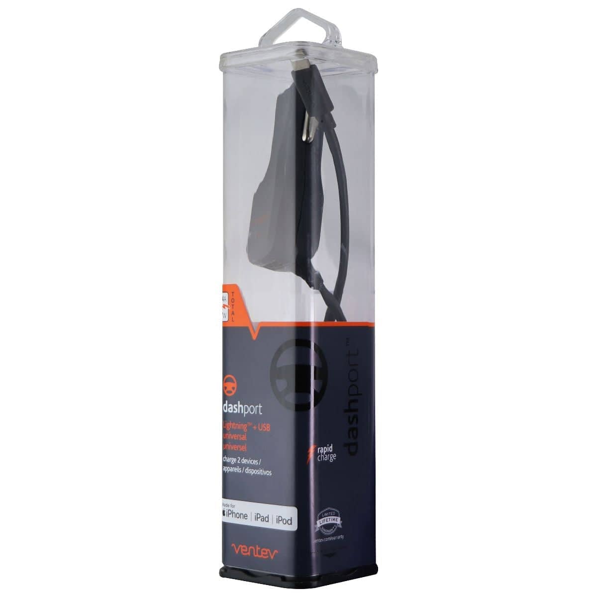 Ventev - 12W USB-A Car Charger with Attached 15W Lightning 8-Pin Cord - Dark Gray