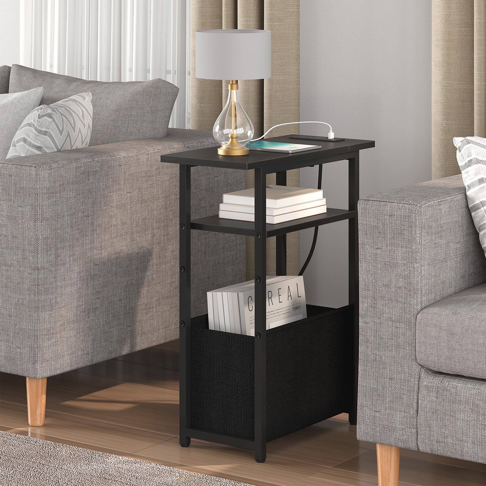 Left. VEGA AUTOMOTIVE - Narrow Side Table With Charging Station Set Of 2 End For Spaces Skinny Nightstands 2 Storage Basket 3 Tier ... - Black.