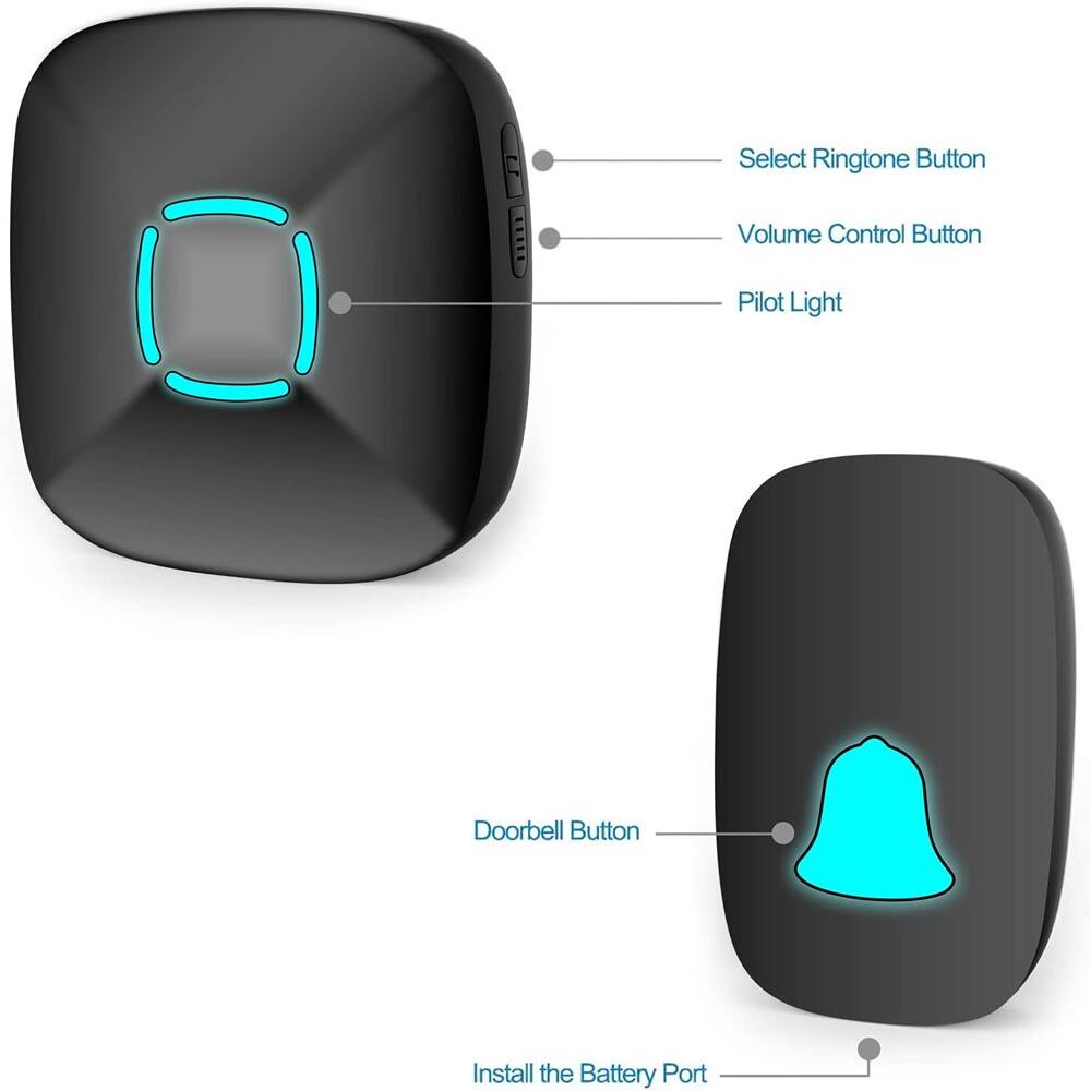 - Select Ringtone Button
- Volume Control Button
- Pilot Light
- Doorbell Button
- Install the Battery Port