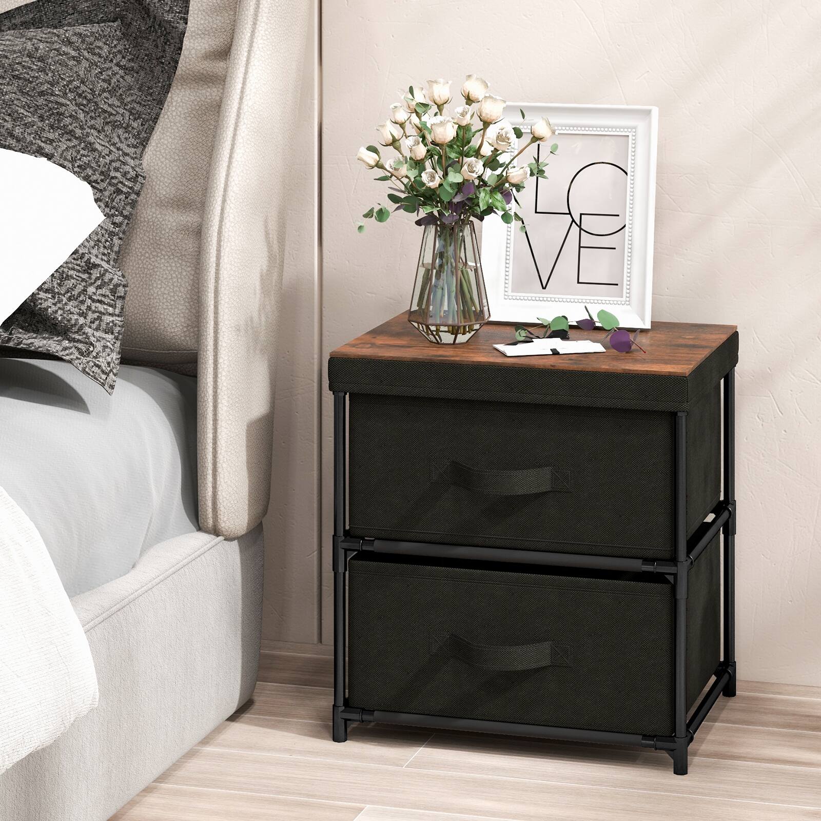 Alt View 12. Costway - 2 Drawer Dresser Fabric Storage Organizer Nightstand Bedside Sofa Table - Black/Rustic Brown.