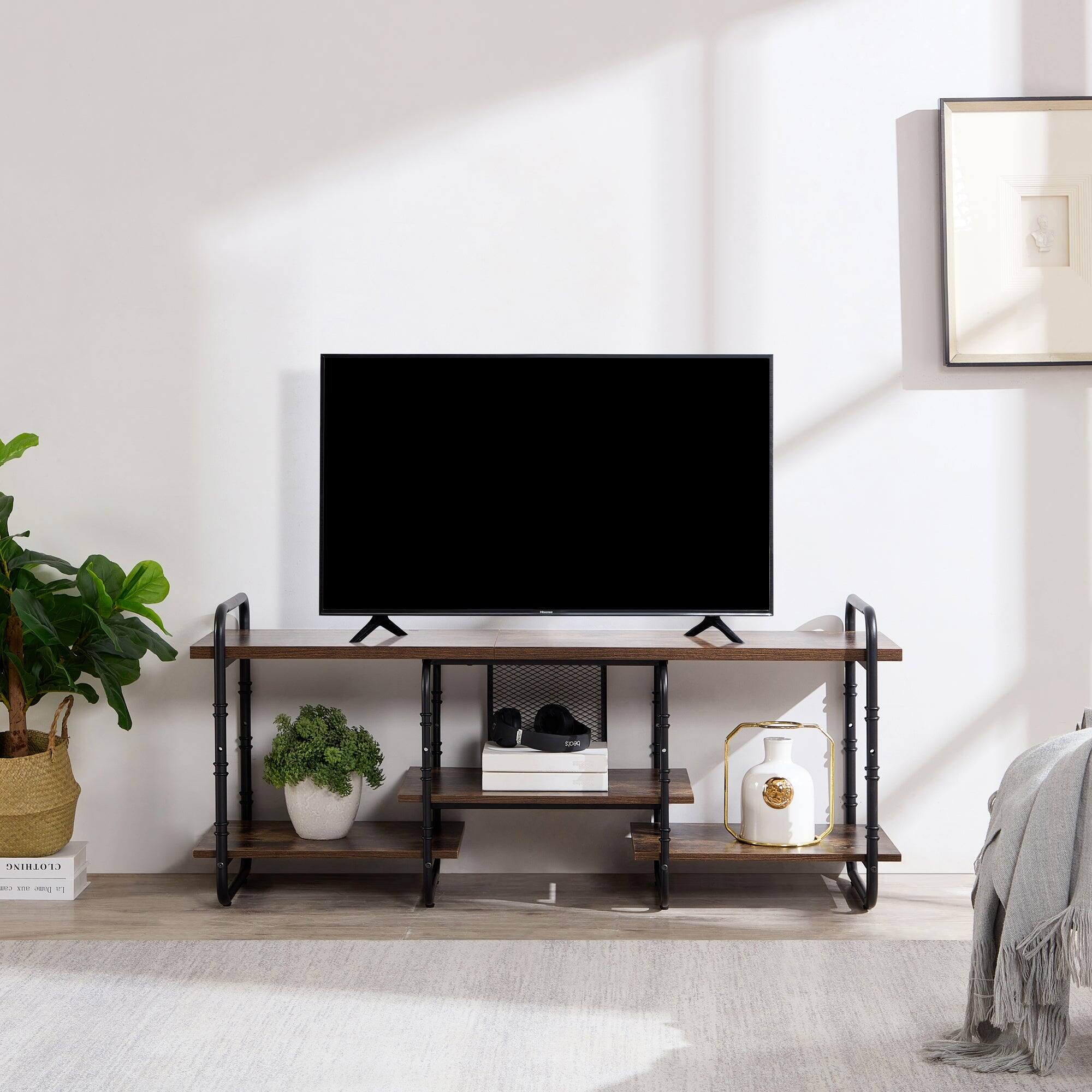 Left. Vecelo - 55" Industrial TV  Stand with Adjustable Shelves - Heavy Duty Metal Frame, 55lb Shelf Capacity,Brown - Brown.