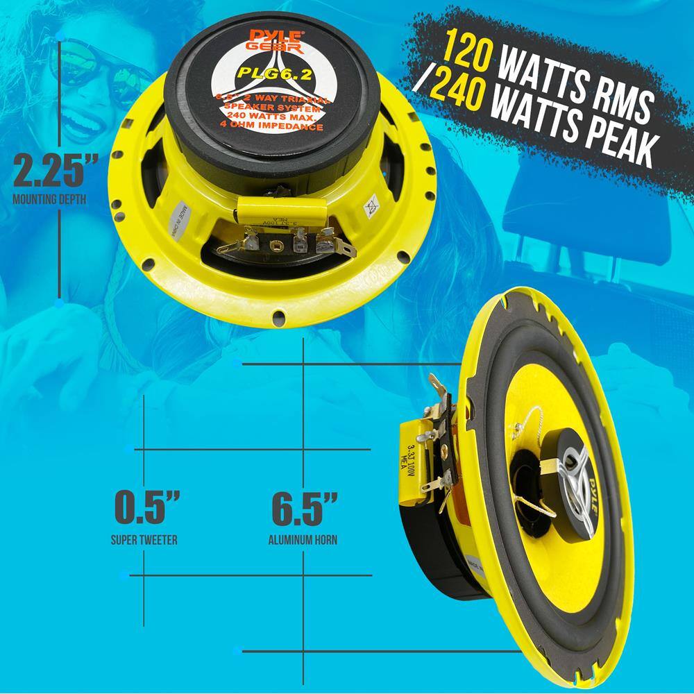 2.25" MOUNTING DEPTH

120 WATTS RMS / 240 WATTS PEAK

0.5" SUPER TWEETER

6.5" ALUMINUM HORN

PLG6.2

SIX-WAY TRIAXIAL SPEAKER SYSTEM

240 WATTS MAX, 4 OHM IMPEDANCE