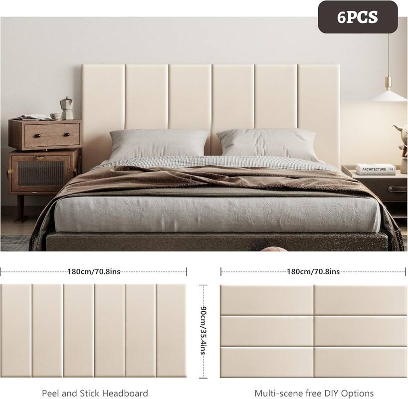 6PCS, Peel and Stick Headboard, Multi-scene free DIY Options, 180cm/70.8ins, 90cm/35.4ins
