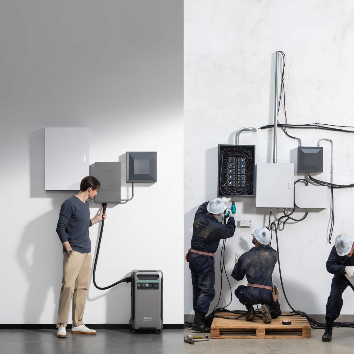 The text on the image reads "Electrician working on electrical wires."