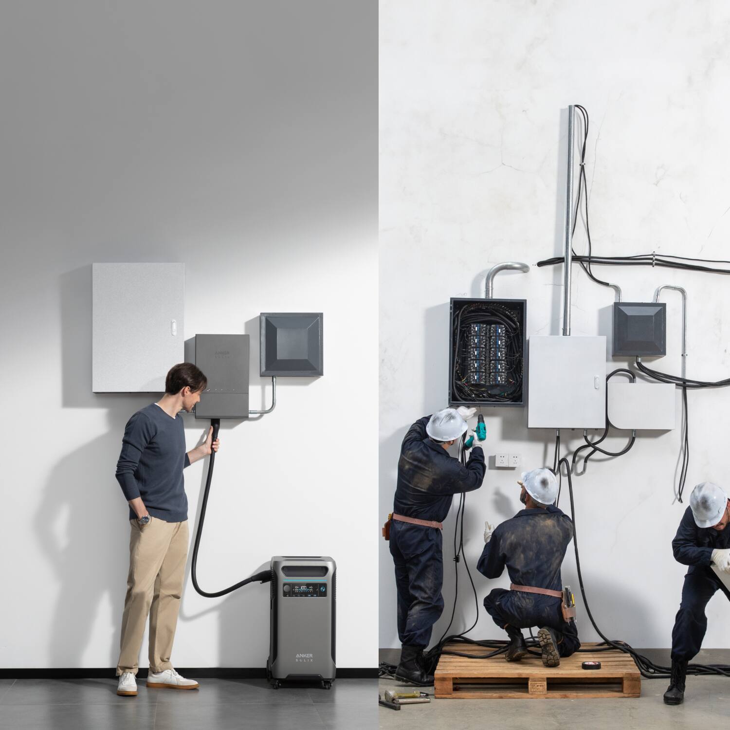 The text on the image reads "Electrician working on electrical wires."