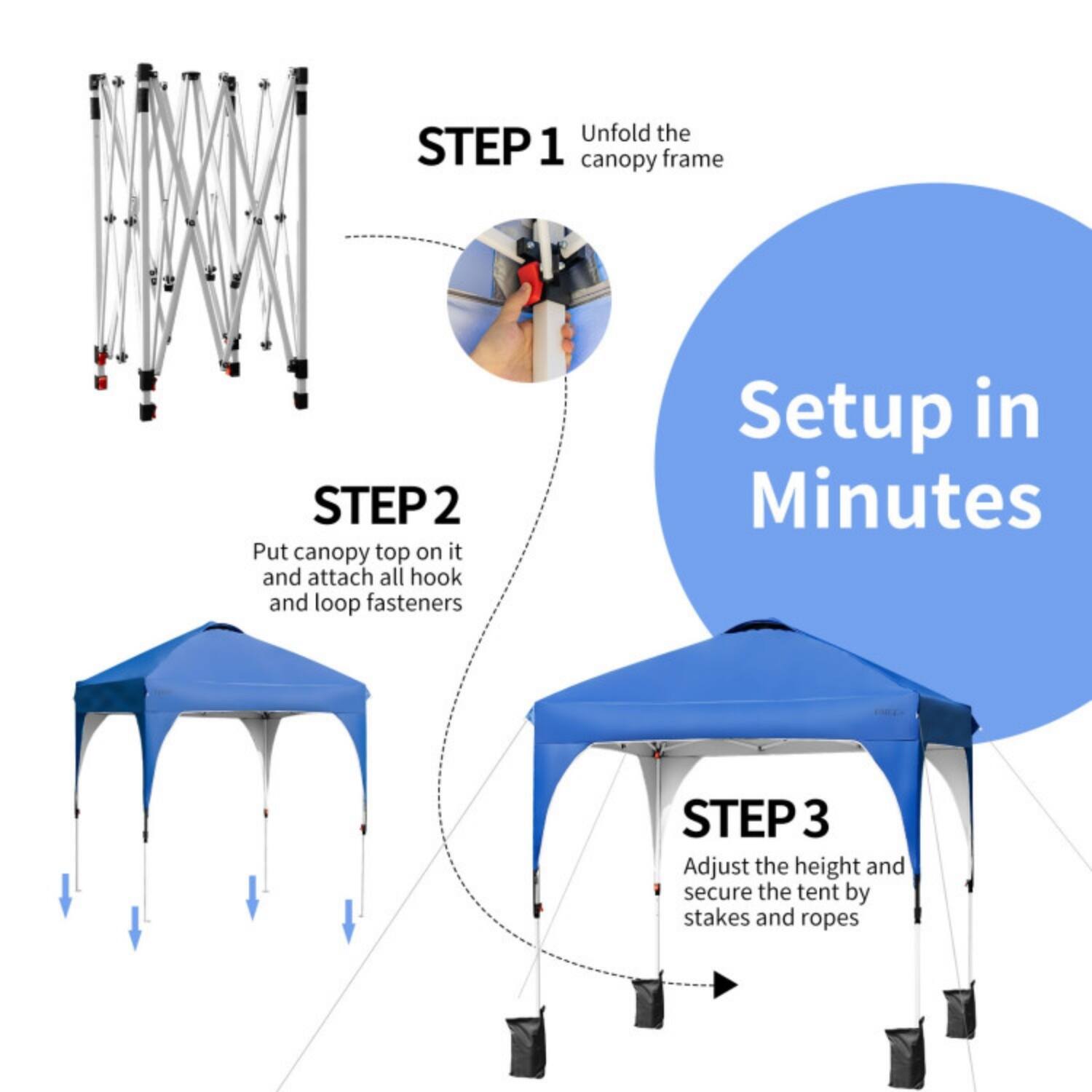 1. Unfold the canopy frame  
2. Put the canopy top on it and attach all hook and loop fasteners  
3. Adjust the height and secure the tent by stakes and ropes  

Setup in Minutes