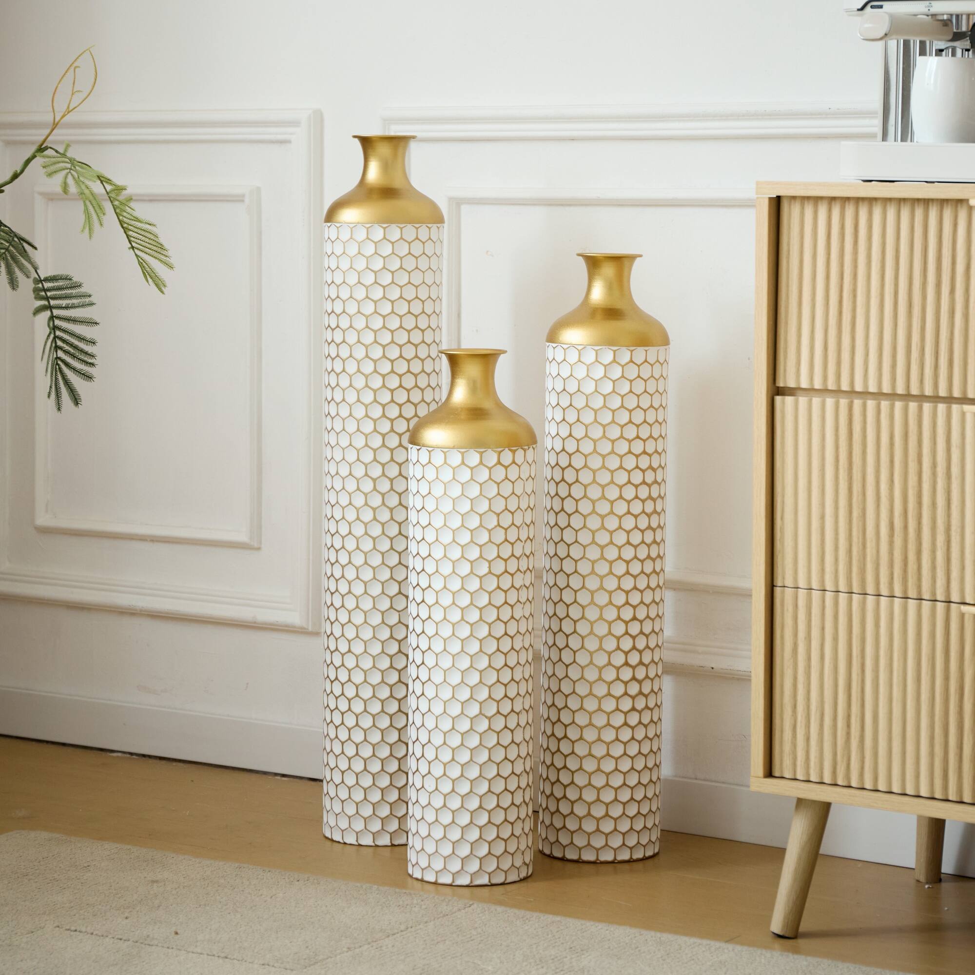 Alt View 2. Boyel Living - Set of 3 Tall Metal Floor Vases with Honeycomb Pattern - Gold+White.