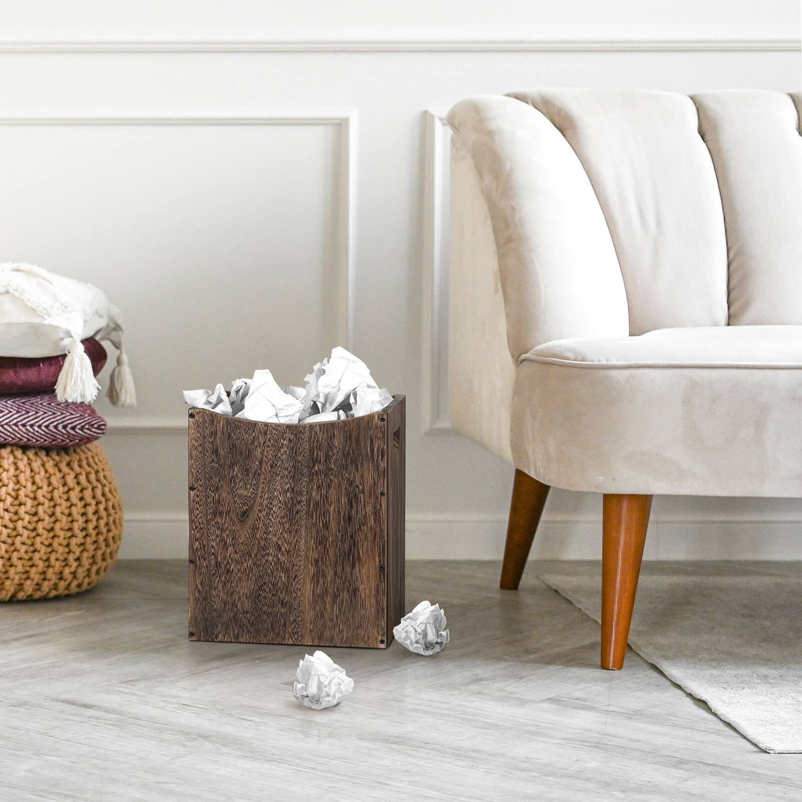 Alt View 3. Oumilen - Burnt Wood Waste Basket, Rustic Wooden Trash Can with Carry Cutout Handles for Home & Office.