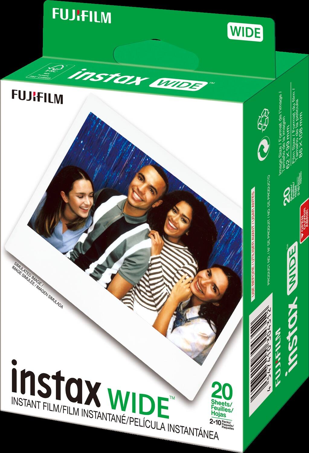 FUJIFILM  
WIDE  
FSC MIN TEC Promative instax PRODUCT IN WIDE FUJIFILM IMAGE SIMULATED SIMULE IMAGE/ IMAGEN SIMULADA instax INSTANT FILM/FILM WIDE TM 20 Feuilles/ Sheets/ Hojas INSTANTAN/PELCULA INSTANTNEA 2x10 Paquetes Packs/ Pequets/  
ANTES USAR AVANT UTILISER BEFORE USE  
PRODUCTO DE ON/ DE PRODUIT N4 ON PRODUCT 547410"30431 4  
- - film l'image du pelicula de Format mm Format imagen mm de X108 la - Size de 66 amano Size Film 86 Image amao 62X Speejer Holes 2-10 20 OPEN OUVRIR AGRIP WIDE FUJIFILM instax