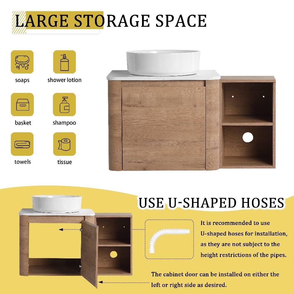 LARGE STORAGE SPACE

- soaps
- shower lotion
- basket
- shampoo
- towels
- tissue

USE U-SHAPED HOSES

It is recommended to use U-shaped hoses for installation, as they are not subject to the height restrictions of the pipes.

The cabinet door can be installed on either the left or right side as desired.