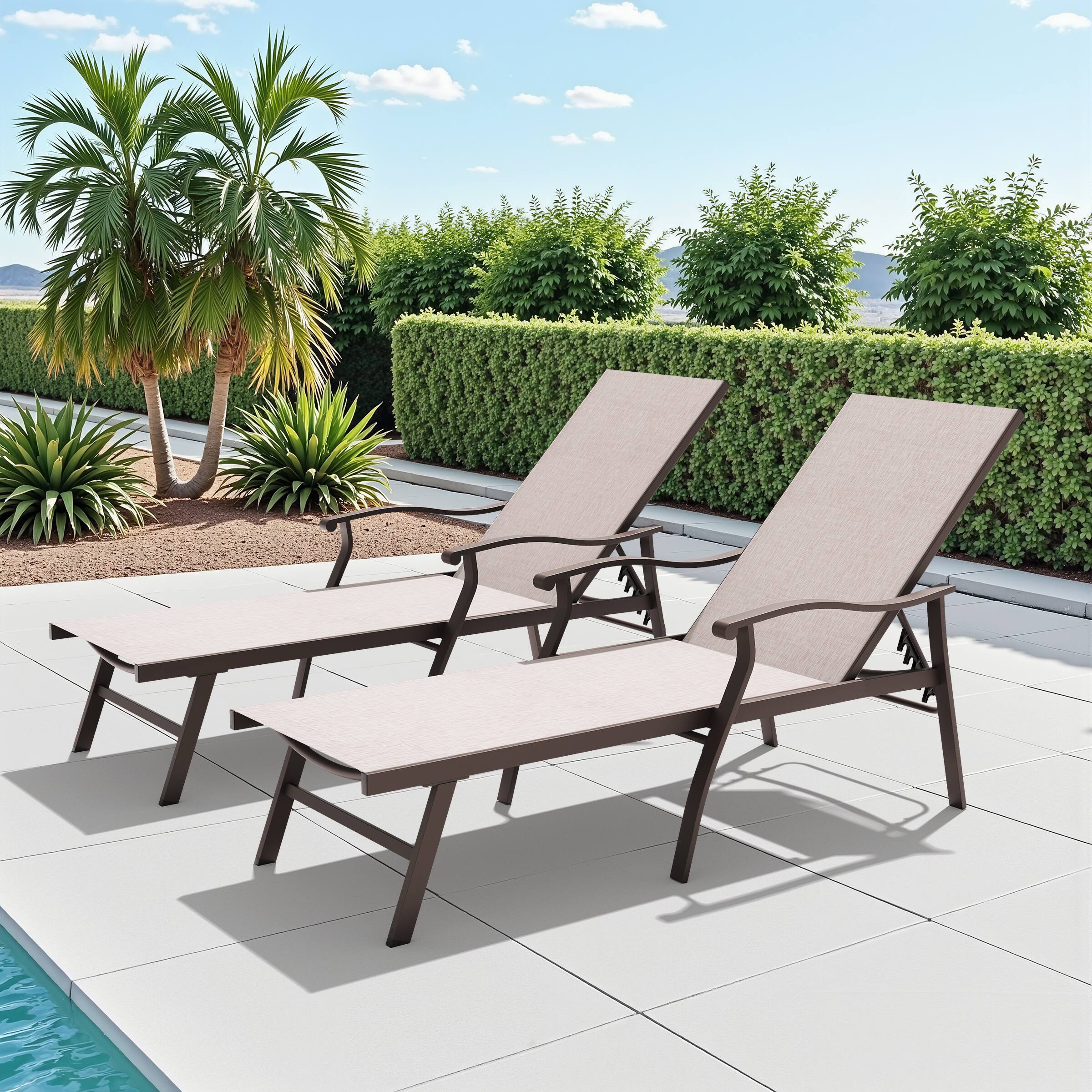Front. Crestlive Products - Crestlive Products Set of 2 Brown Aluminum Frame Stationary Chaise Lounge Chair Beige Textilene Sling Seat - Beige.